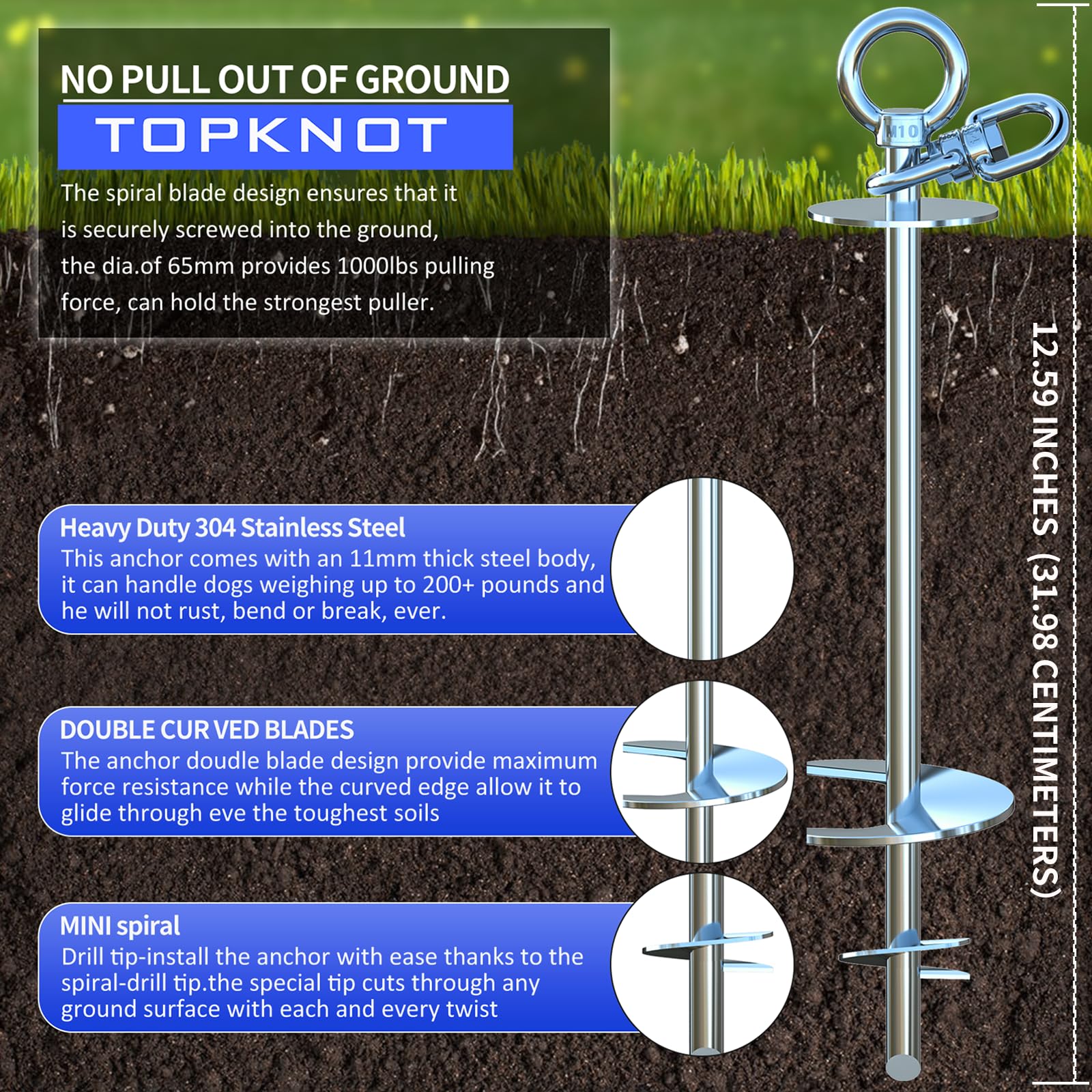 TOPKNOT Dog Tie Out Stake,Heavy Duty Dog Run-304 Stainless Steel Anchor,360 Swivel Dog Runner for Yard,Use Any Dog Tie Out Cable