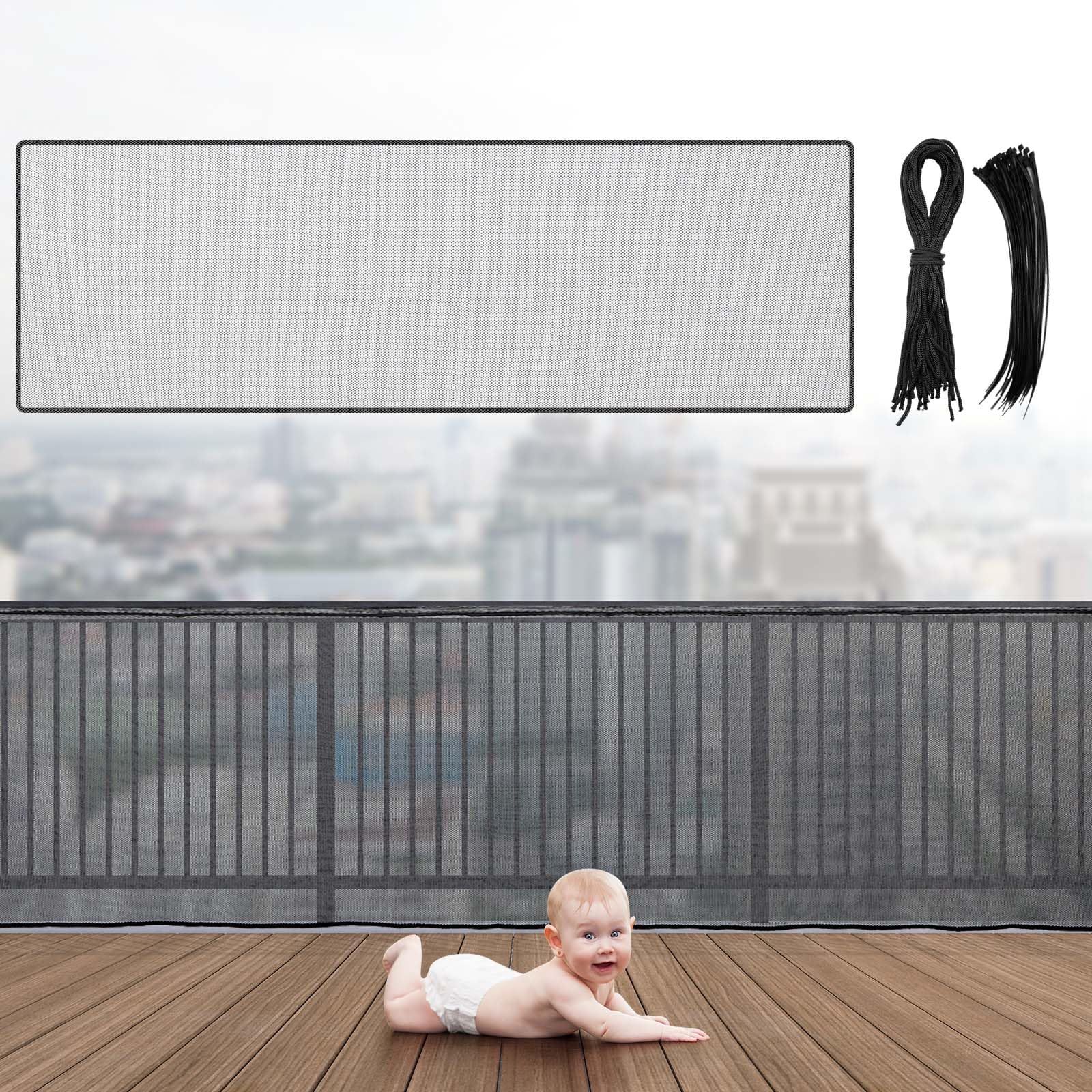 Hosuly Banister Guard 15 x 3 ft Balcony Netting for Kids Pets Stairway Safety Net Baby Fence Door Balcony Netting Safety Mesh St