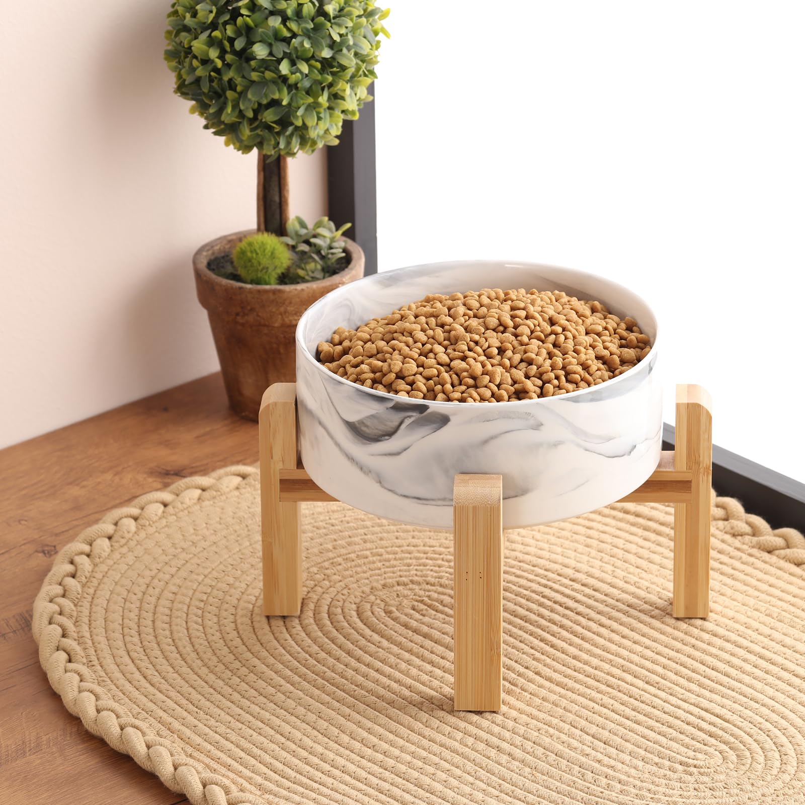 Addogyy Elevated/Raised Dog Bowl Ceramic with Wood Stand for Medium Large Breed,Dog Food Water Dish Heavy Wighted, 8 in Non Slip