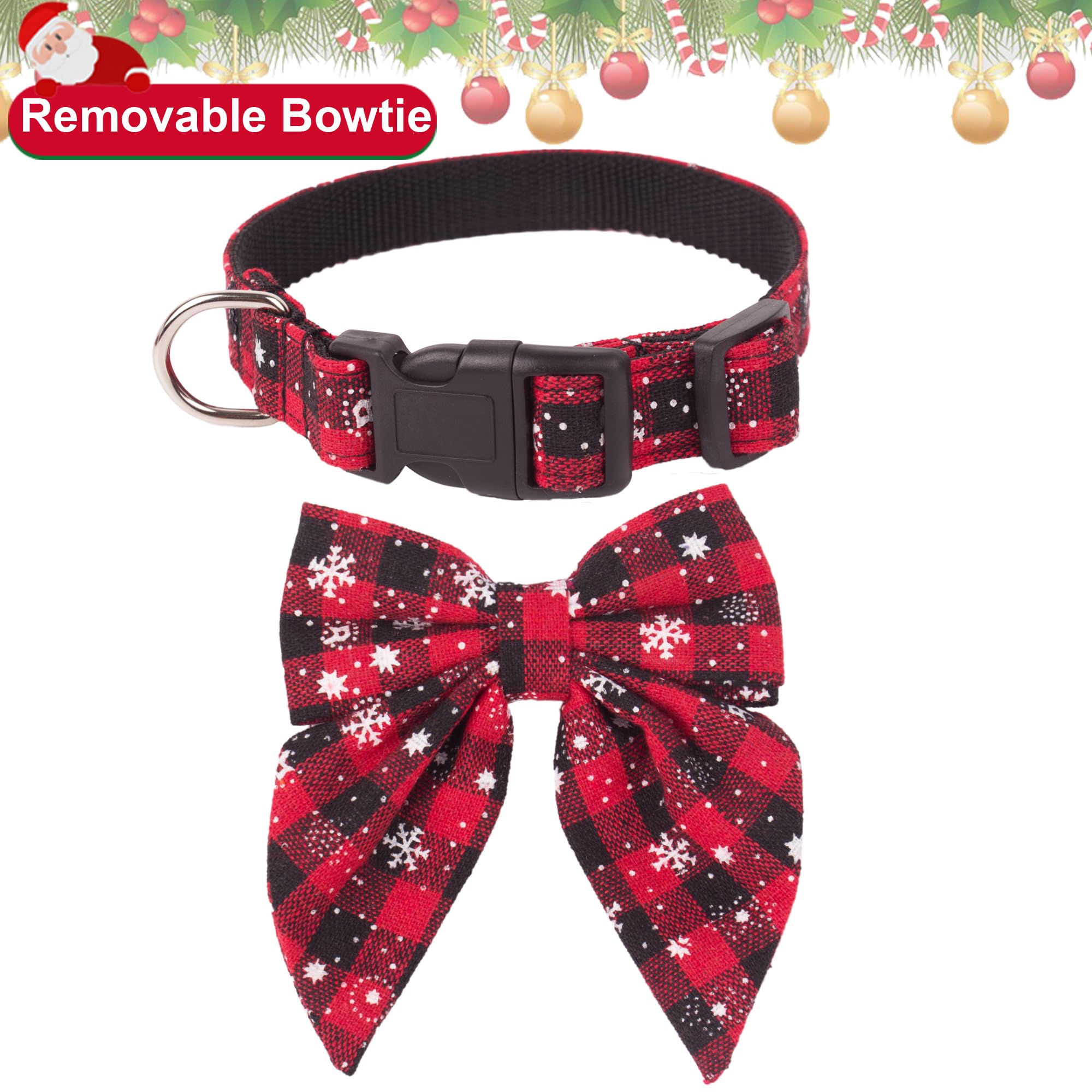 Adoggygo Christmas Dog Collar With Bow, Adjustable Cotton Red Bowtie Dog Christmas Collars For Large Dogs Pets (Large, Black & Red)