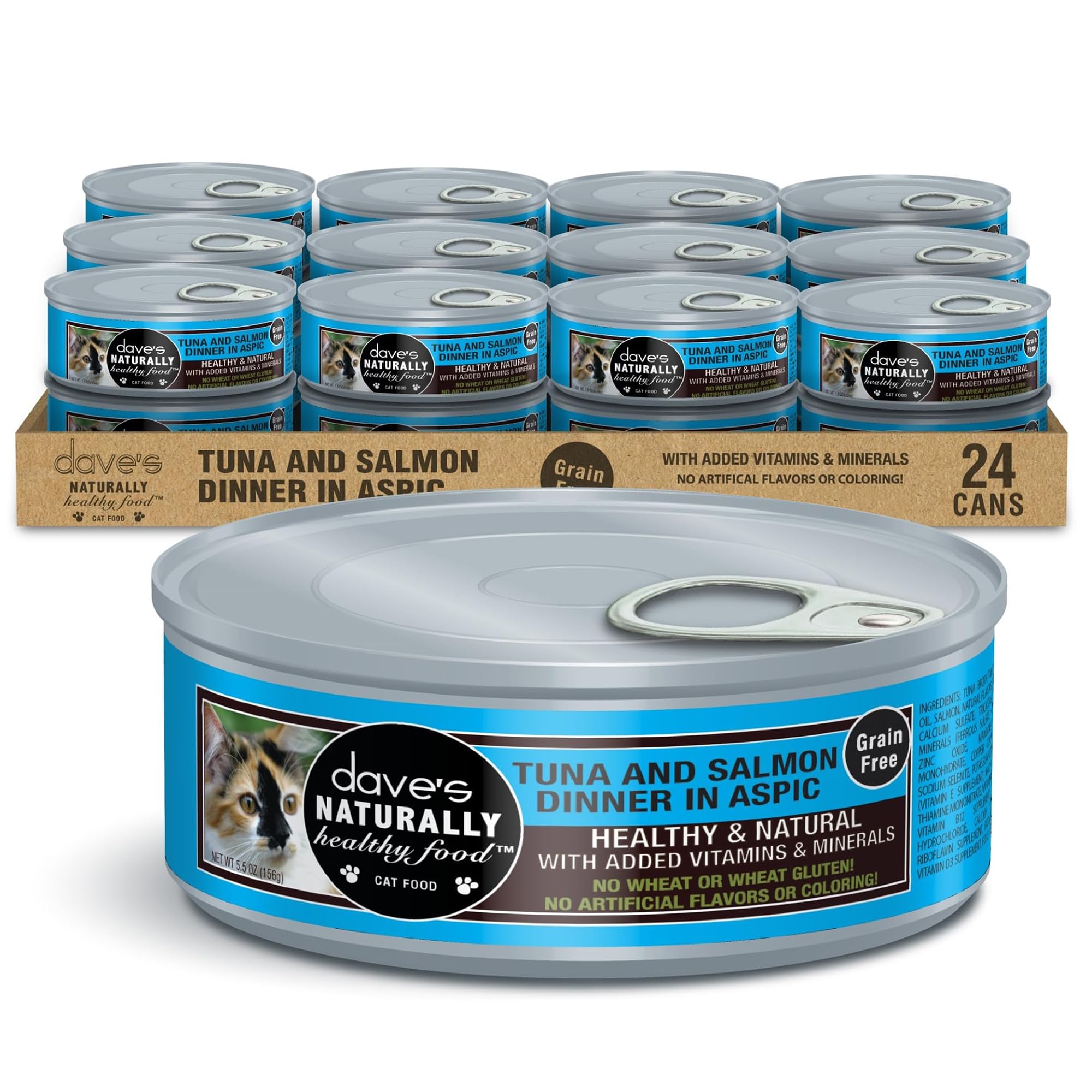 Daves Pet Food Grain Free Wet Cat Food (Tuna & Salmon Dinner in Aspic), Naturally Healthy Canned, Added Vitamins & Minerals, 5.