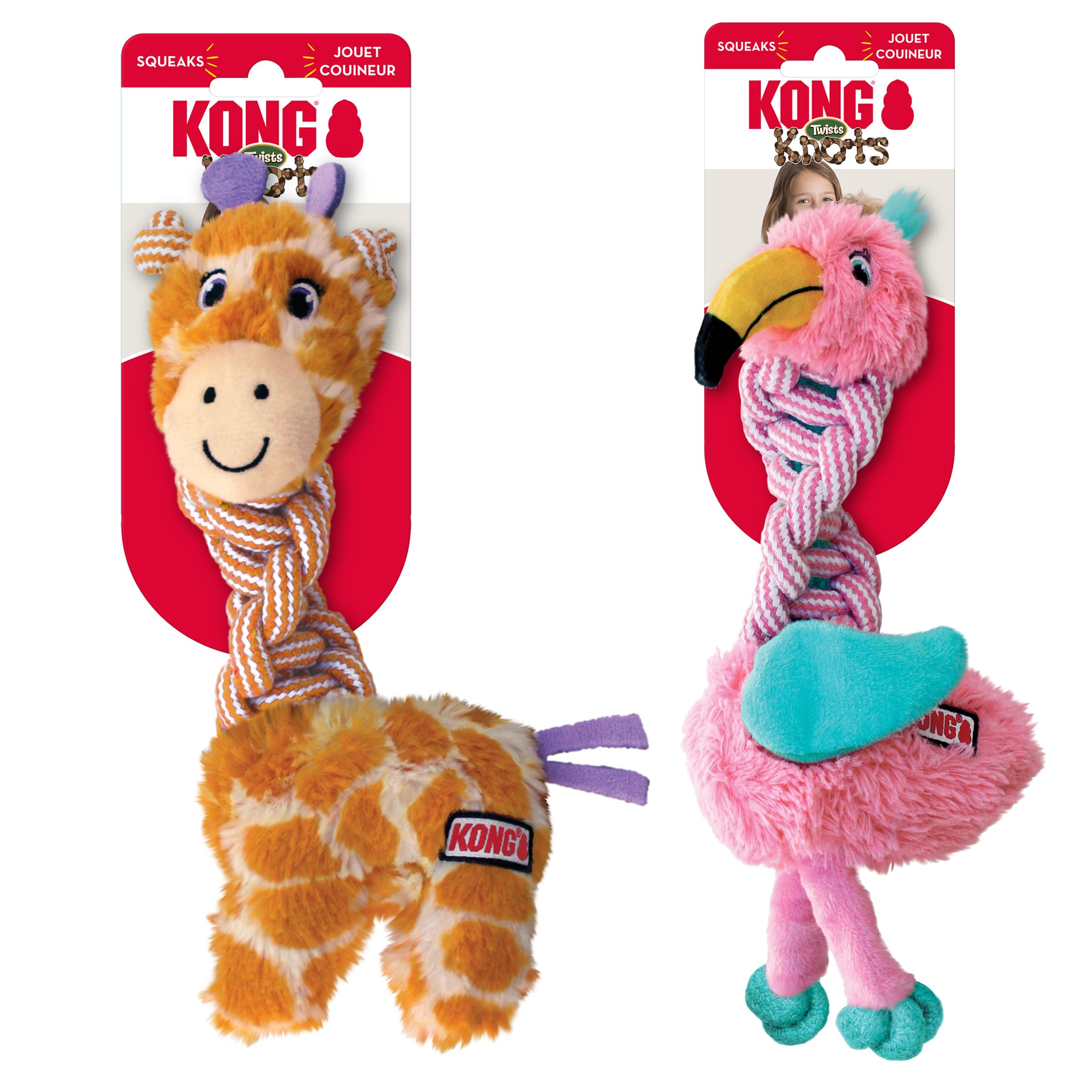 KONG Knots Twists Dog Toys, 2-Pack Assorted - Durable Braided Rope with Squeaker, Minimal Stuffing, Soft & Tough Chew Toy for Th