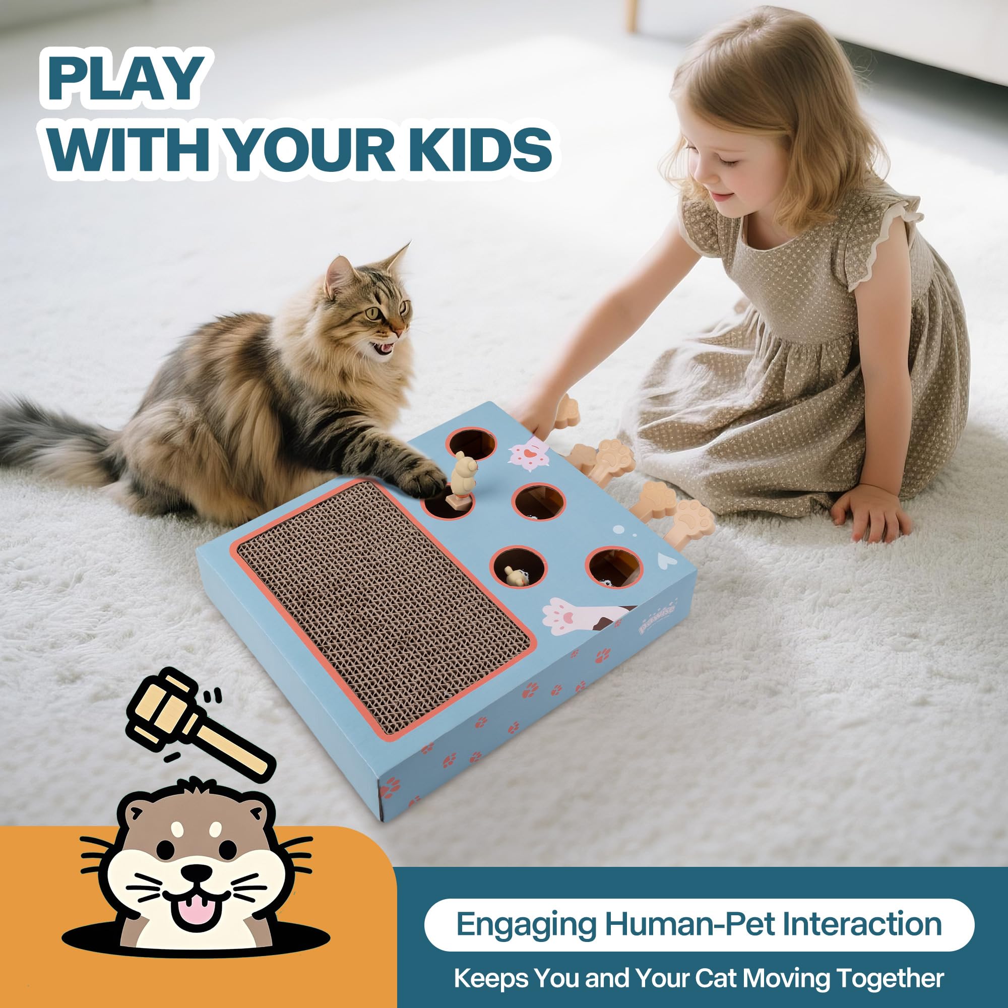 PAWISE Interactive Cat Play Scratch,3-in-1 Whack-A-Mole Puzzle Toy, Cat Scratching Post with Catnip, Fun Toy for Kitten,Cardboar