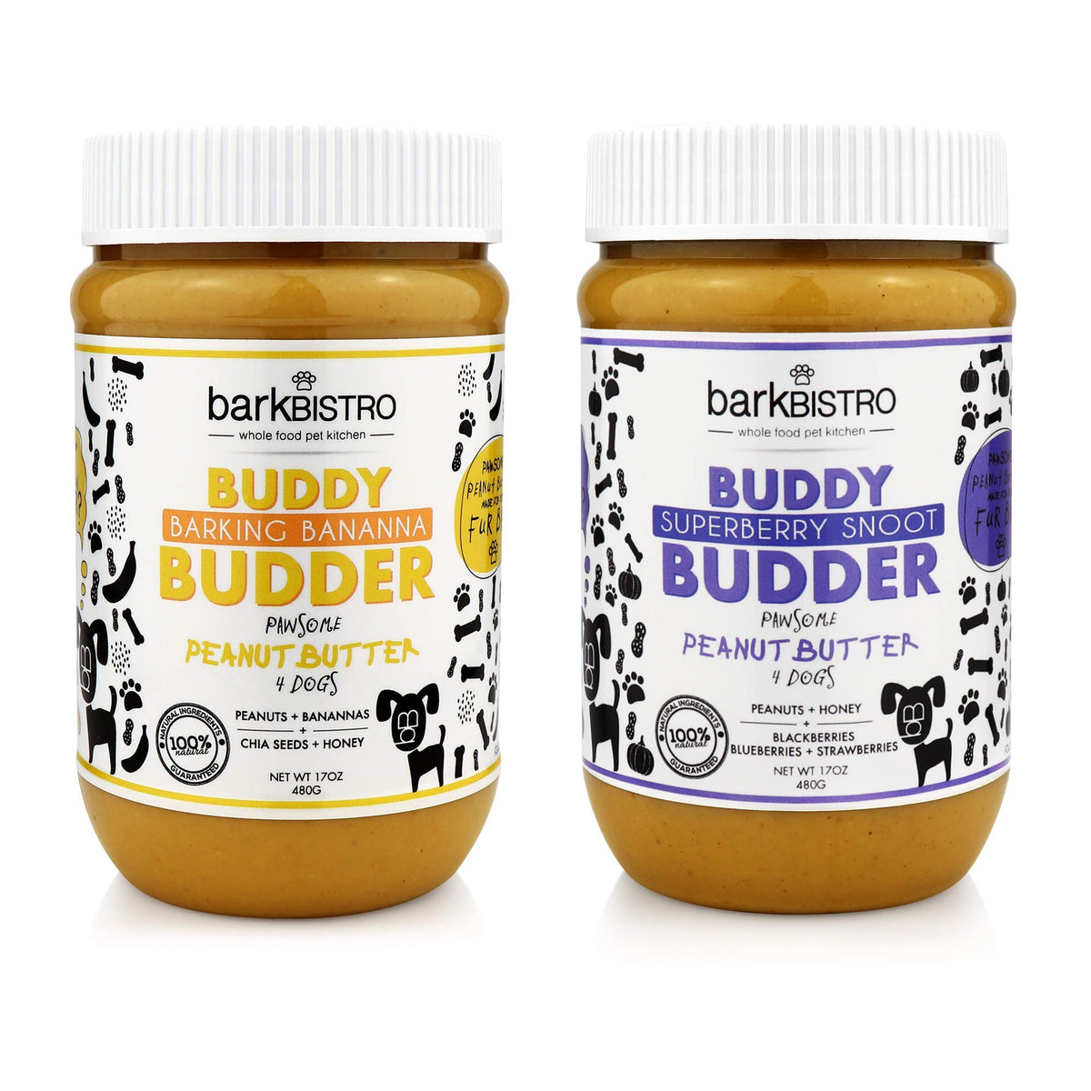 Bark Bistro Company, Superberry Snoot + Barkin' Banana, 100% Natural Dog Peanut Butter, Healthy Dog Treats, Stuff In Dog Toy, Dog Enrichment - Made In Usa (Set Of 2 / 17Oz Jars)