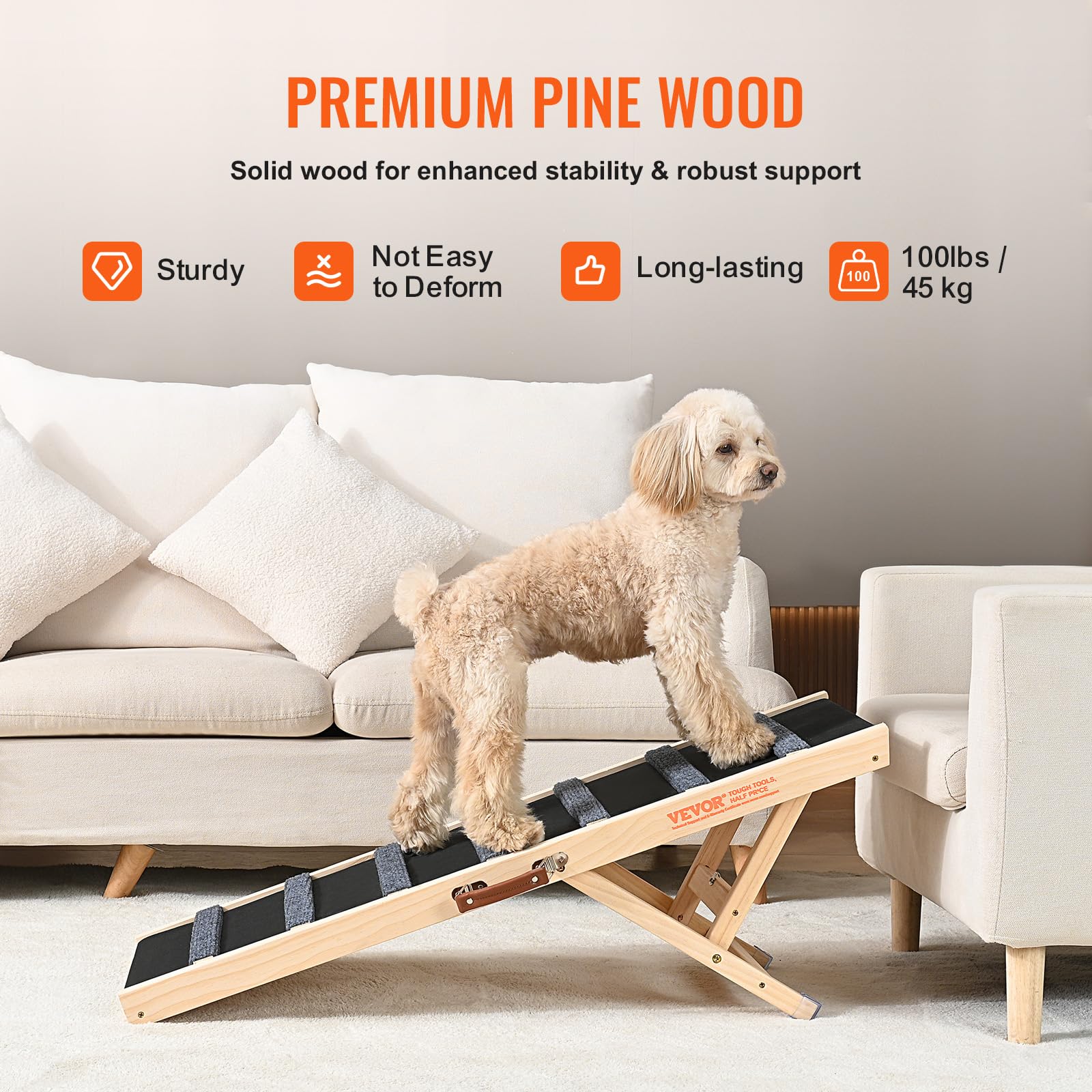 VEVOR Dog Ramp, Folding Pet Ramp for Bed, Adjustable Dog Ramp for Small, Large, Old Dogs & Cats, Wooden Pet Ramp with 39.3 Long