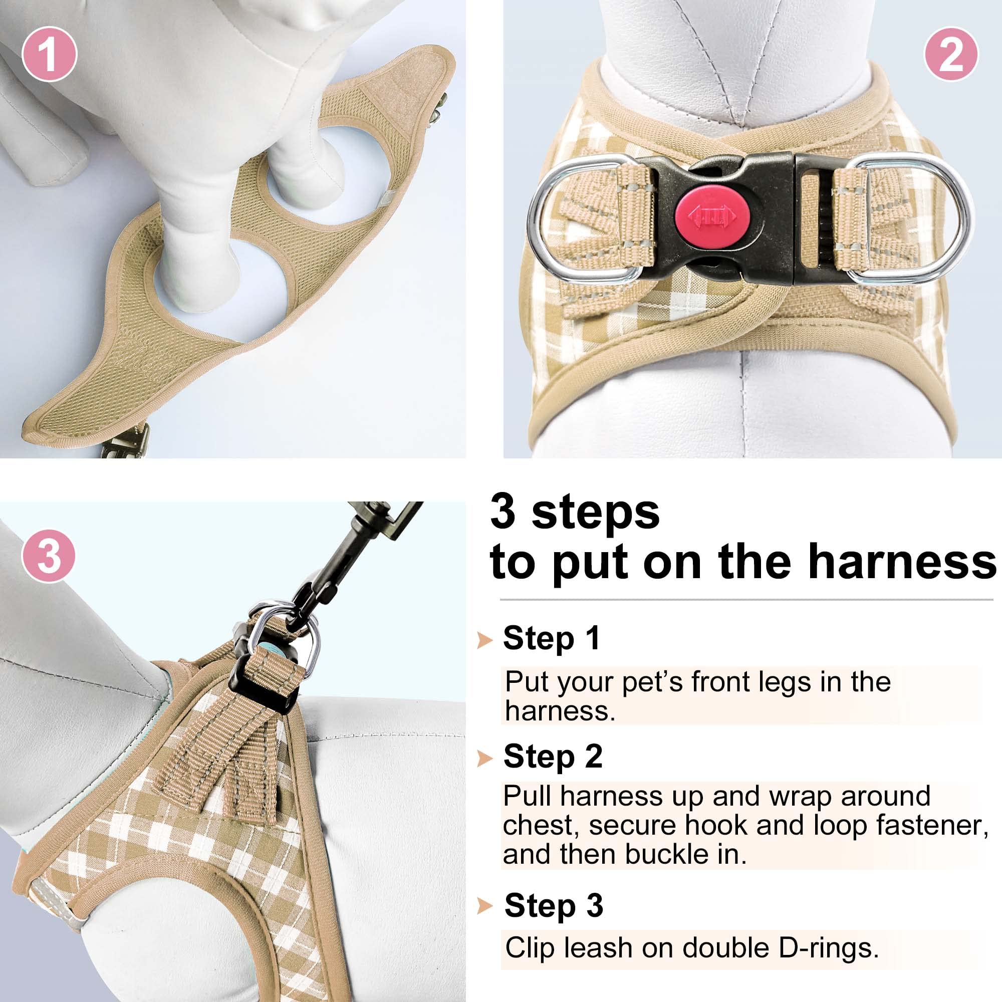 matilor Dog Harness Step-in Breathable Puppy Cat Dog Vest Harnesses for Small Medium Dogs Beige Checkered