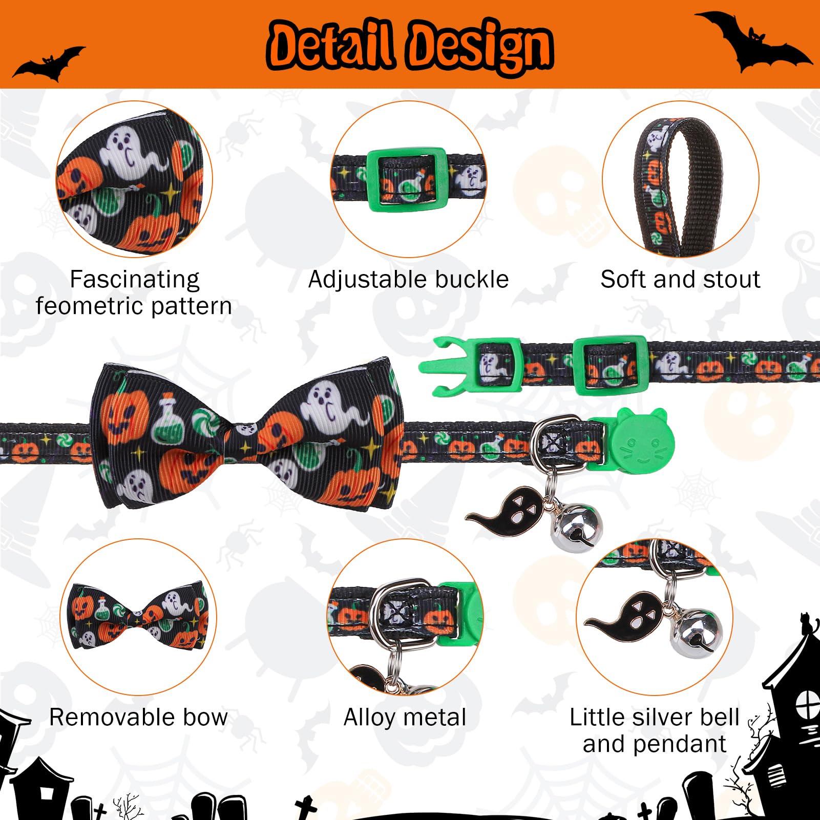 Scenereal Cat Collar Breakaway Halloween Theme 3 Pack, Safety Collars, Pet Accessory For Outdoor And House Cats Kittens, White B