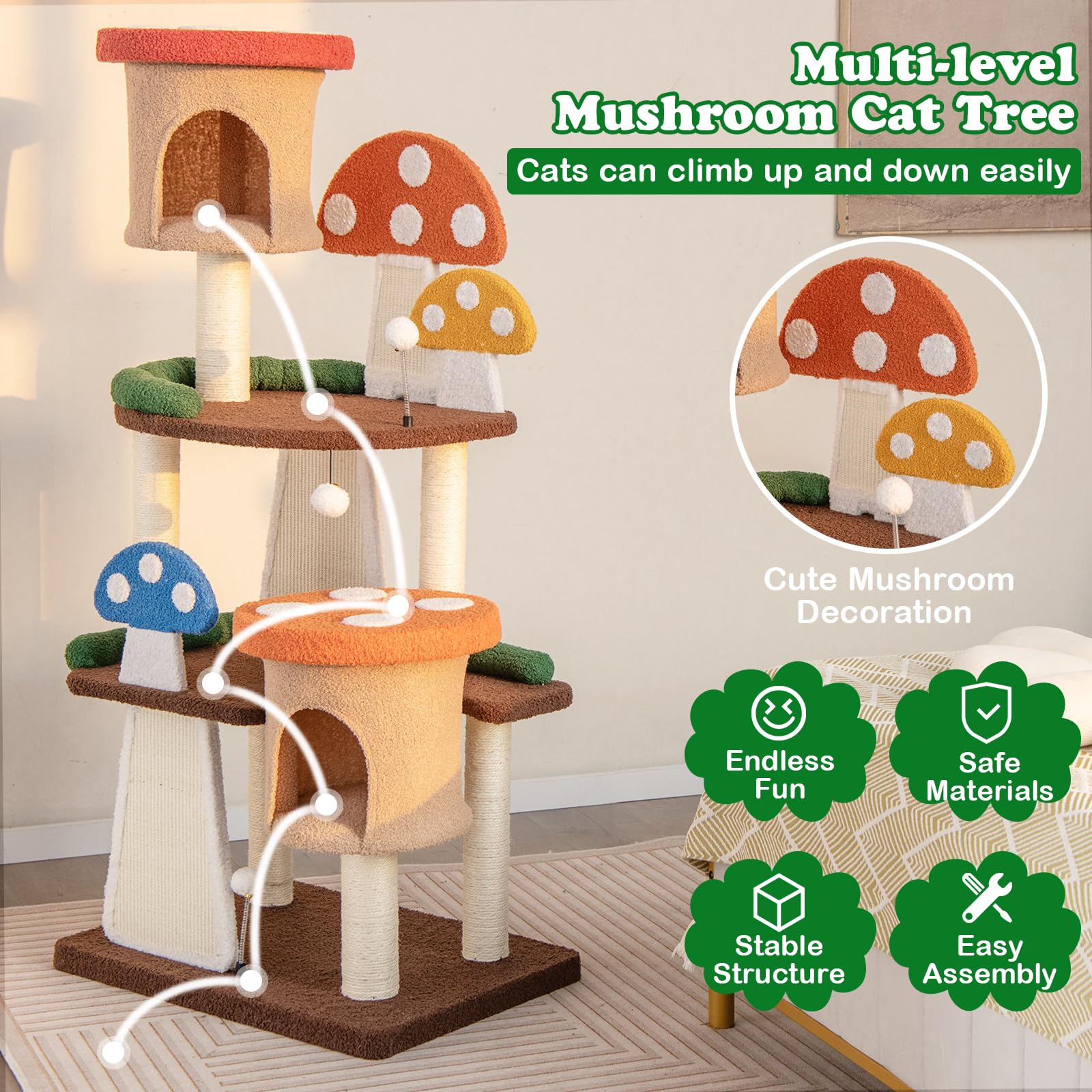 Petsite Mushroom Cat Tree, 57.5 Inches Tall Multi-Level Cat Tower With Natural Sisal Scratching Posts & Boards, Cat Condo And Te