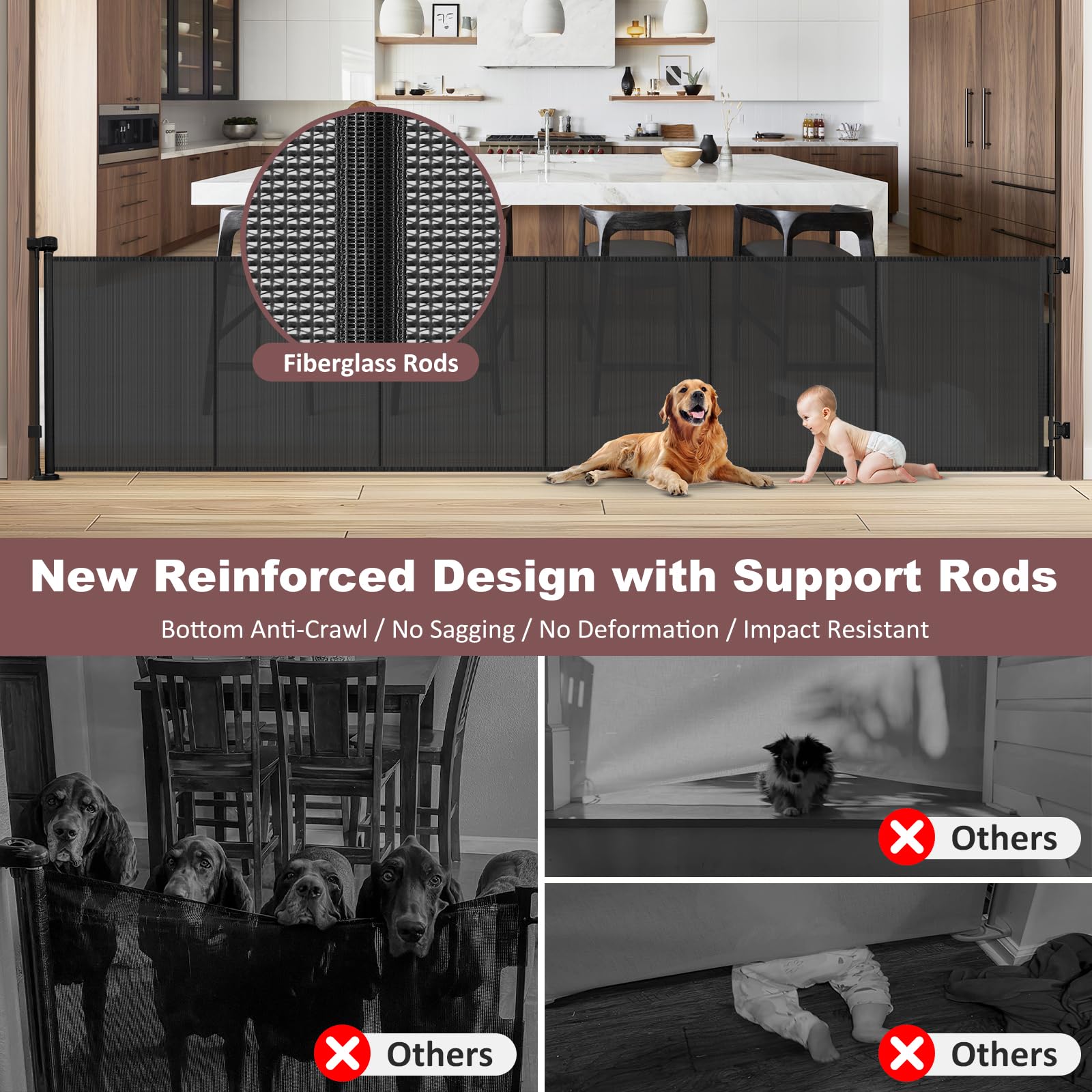 Reinforced 41'' Tall    150'' Extra Long Retractable Baby Gate with Support Rods, Indoor Dog Gates for The House Extra Wide Baby