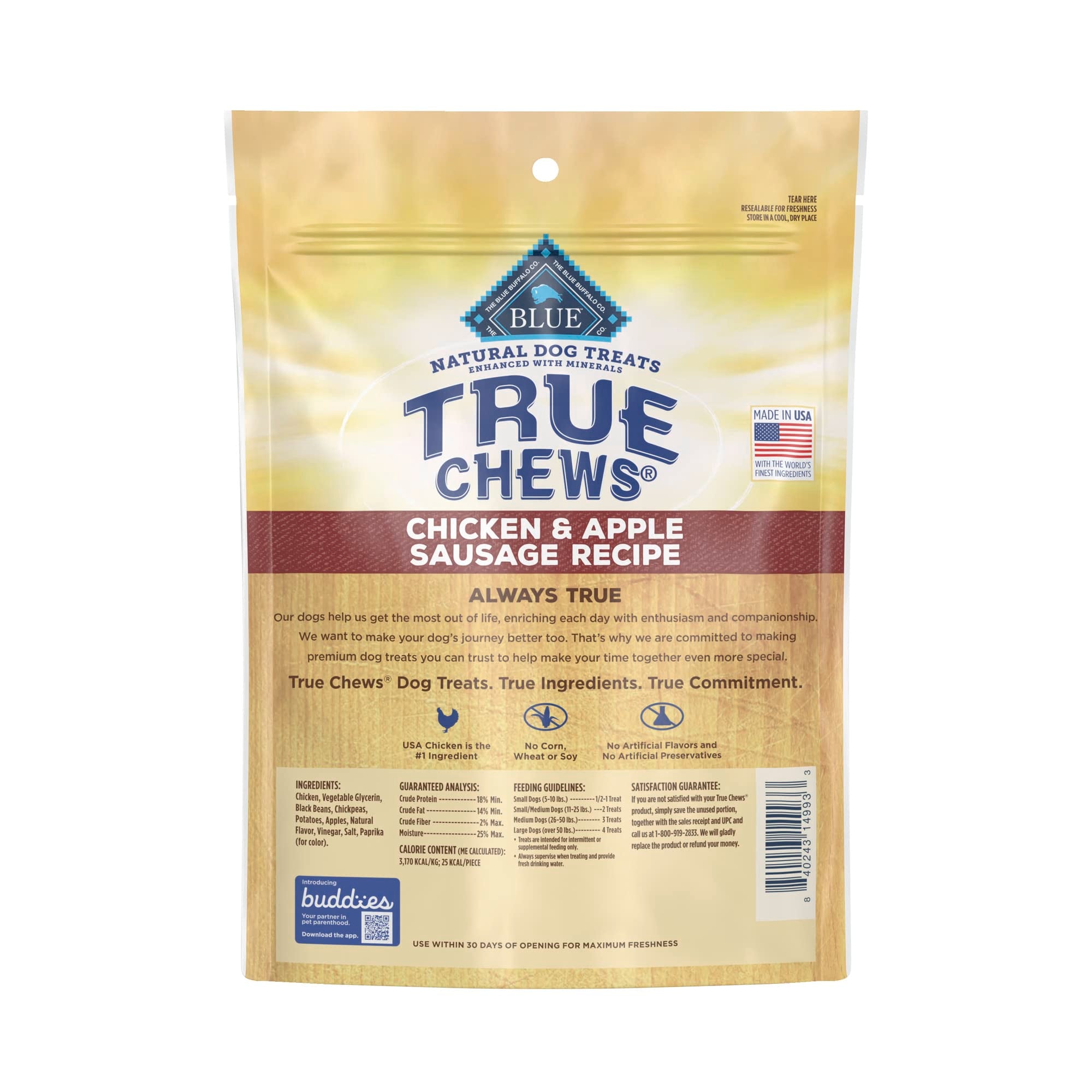 Blue Buffalo True Chews Dog Treats, Made in the USA with Natural Ingredients, Chicken and Apple Sausage Recipe, 12-oz Bag