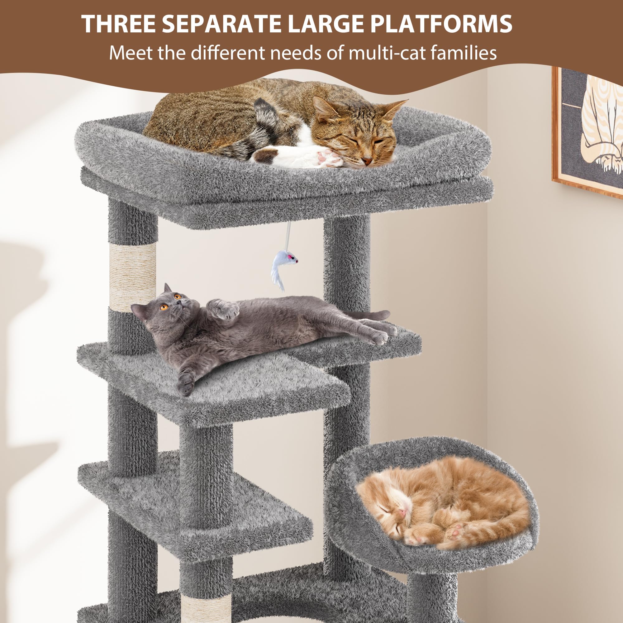 Cat Tree, Tall Cat Tower Condo For Indoor Large Cats, Cat House Furniture With Padded Plush Perch Sisal Scratching Posts