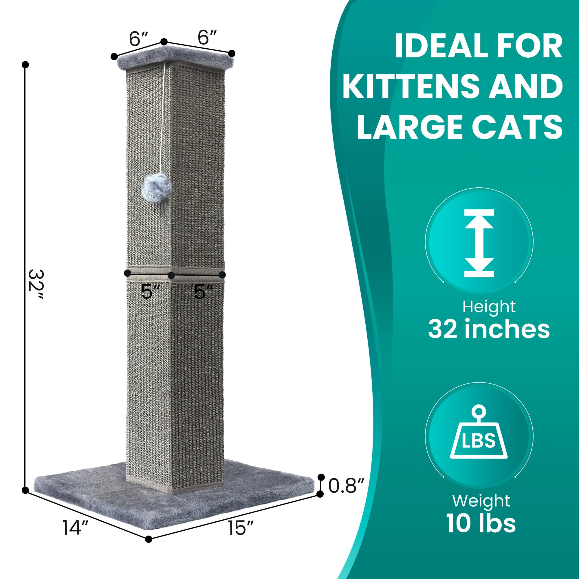 Yuloyi Cat Scratching Post 32 Inch For Indoor Large Cats And Kitten, Nature Sisal Tall Cat Scratch Post, Sisal Cat Scratcher Imp