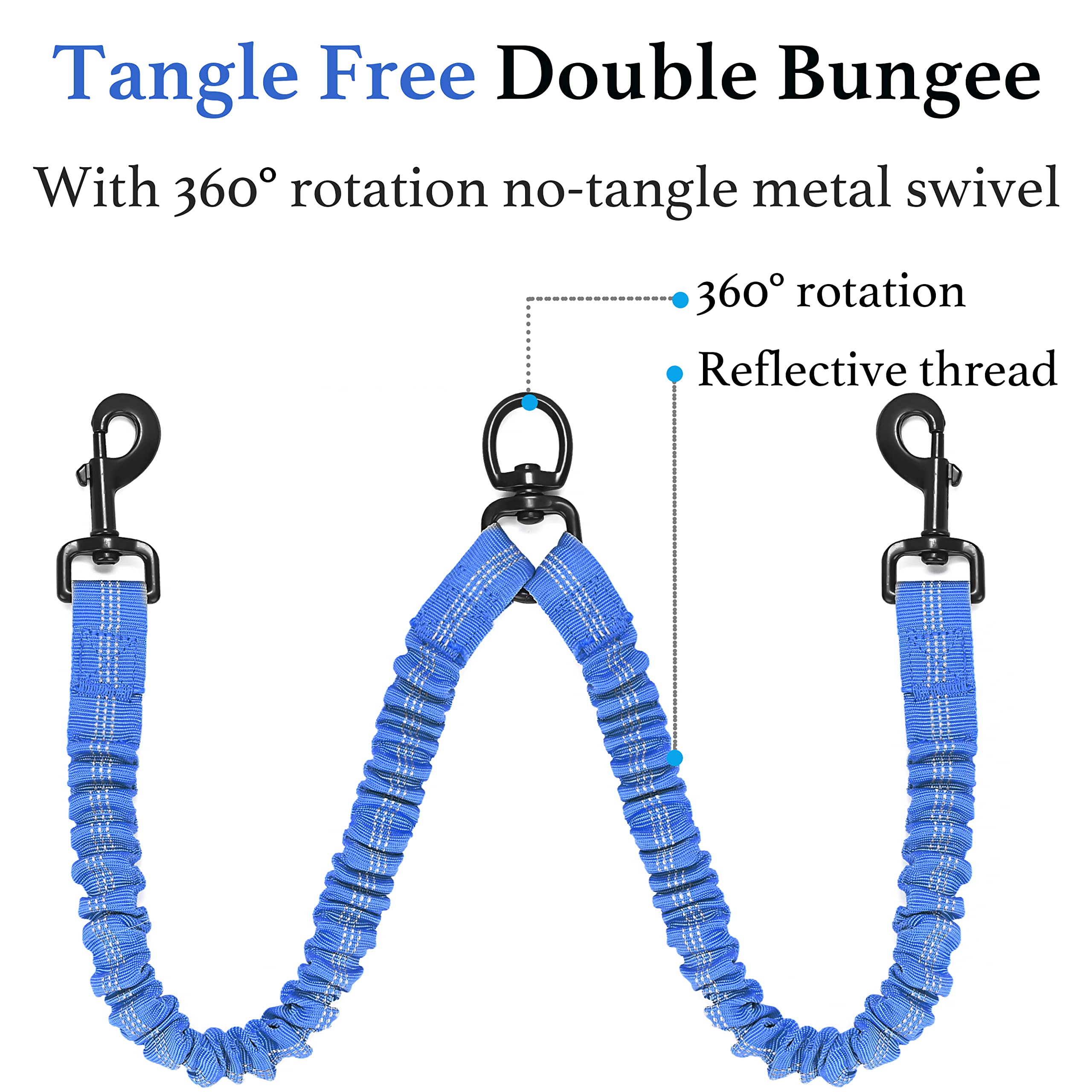 Iyoshop Dual Dog Leash, Double Dog Leash, 360 Swivel No Tangle Walking Leash, Shock Absorbing Bungee For Two Dogs, Royal Blue, Large (25-150 Lbs)