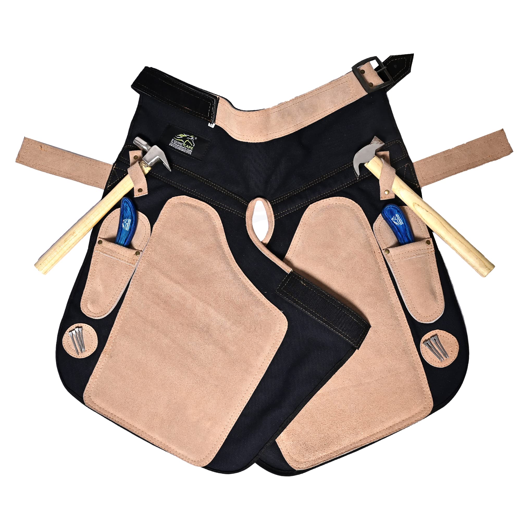 Equine Care Farrier Apron Chaps For Men 25'' Cowhide Suede Leather & Canvas, Adjustable 28''-52'' Waist, 2 Hammer Loops, Hoof Kn
