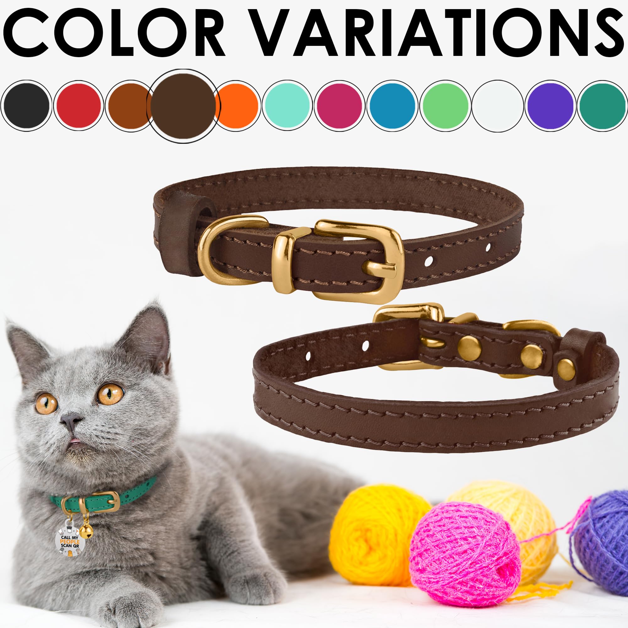 Bronzedog Leather Cat Collar With Bell Non Breakaway Kitten Qr Tag For Girl Boy (9' - 11' Cats/Mini Dogs, Dark Brown & Gold)