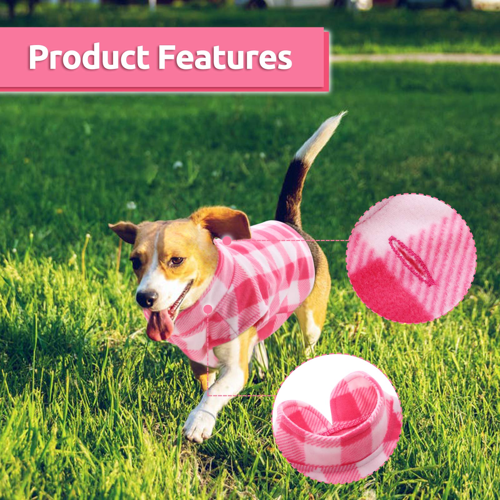Asenku Plaid Dog Fleece Vest, Soft Comfortable Pet Pajamas, Warm Winter Dog Shirt, Cold Weather Coat Jacket - Pink, M