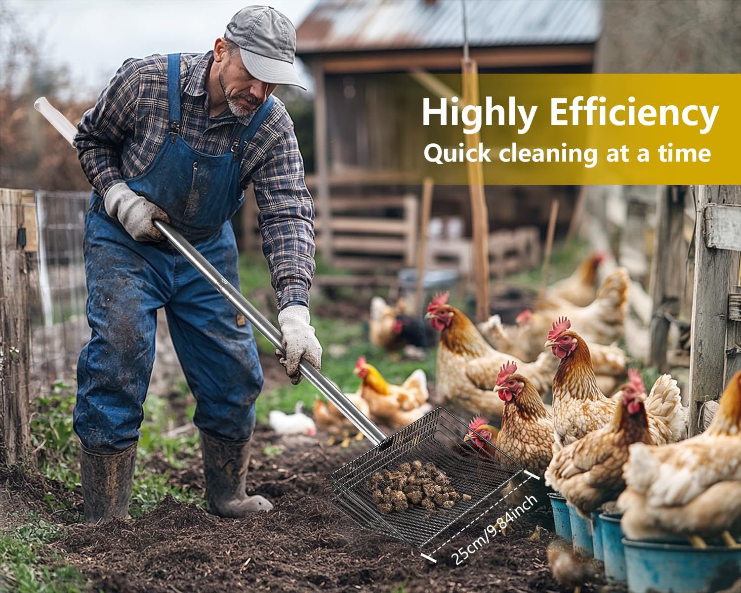 Foandbevi Large Metal Chicken Poop Scooper, 4-in-1 Detachable Tool 20 to 63 inches, Metal Handle, Stainless Steel Chicken Coop C