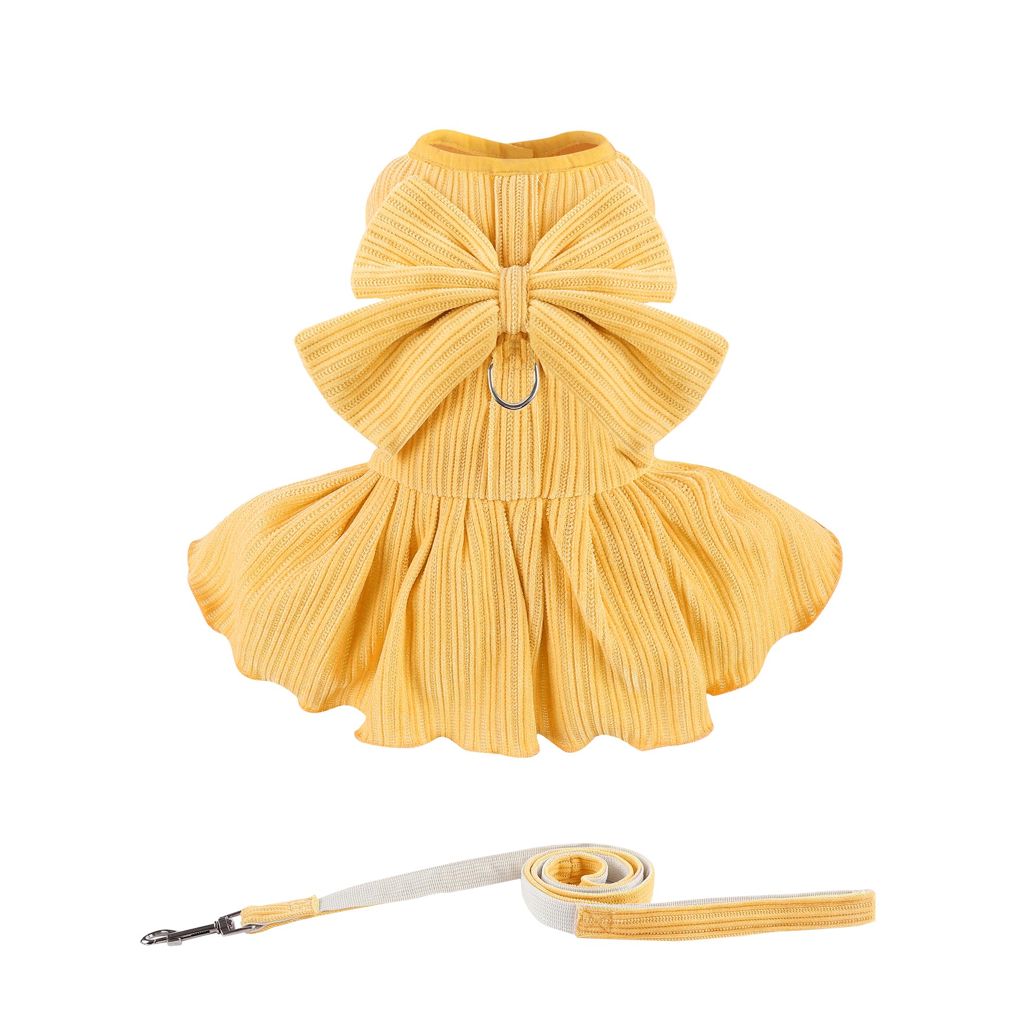 Dog Striped Dress,Pet Girl Bow Costume With Ring And Harness Leash,Dog Wedding Birthday Party Dress(Yellow,X-Large)