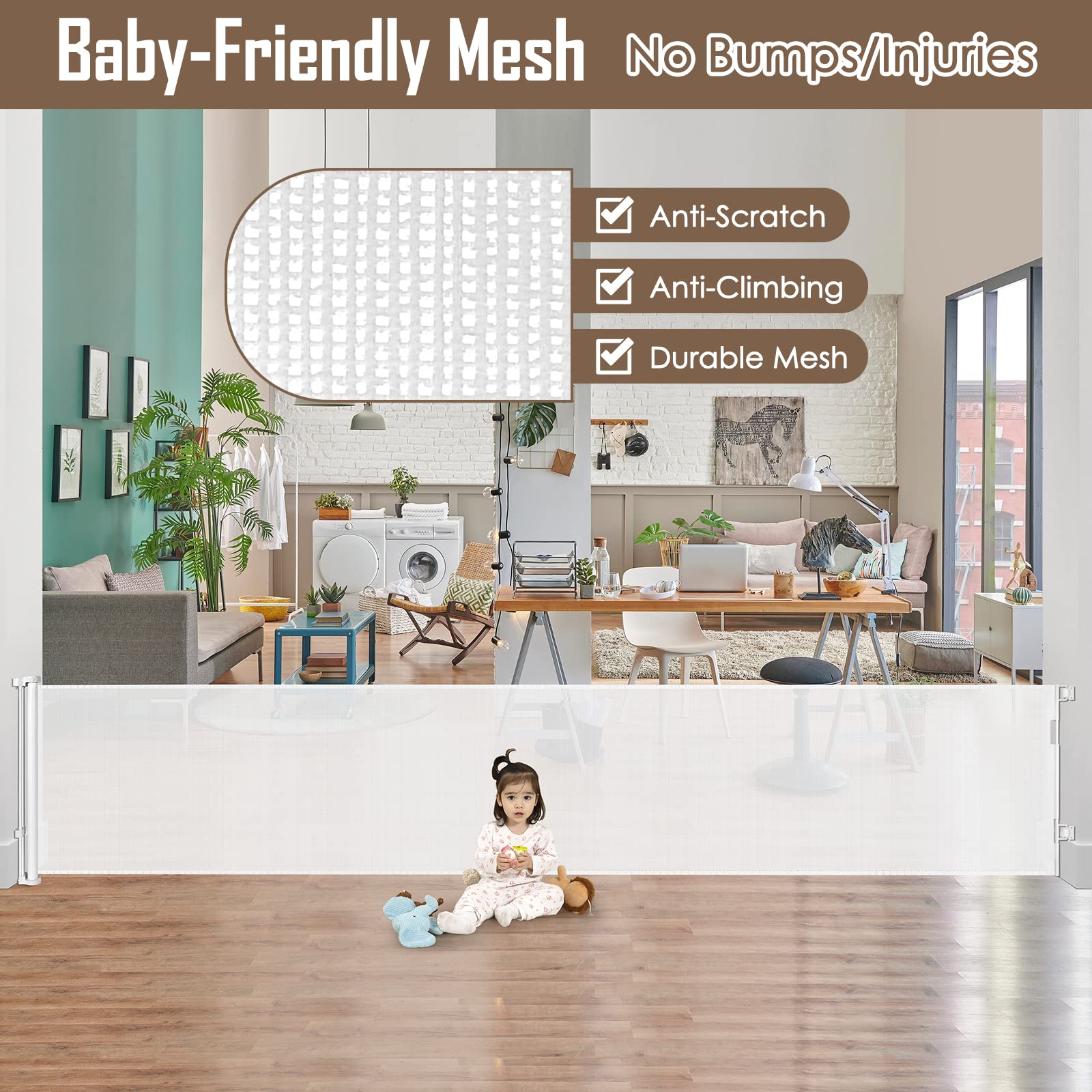 185 Inch Wide Retractable Baby Gates Outdoor Retractable Dog Gate Indoor Extra Long Baby Gate Retractable Pet Gate, Dog Gates fo