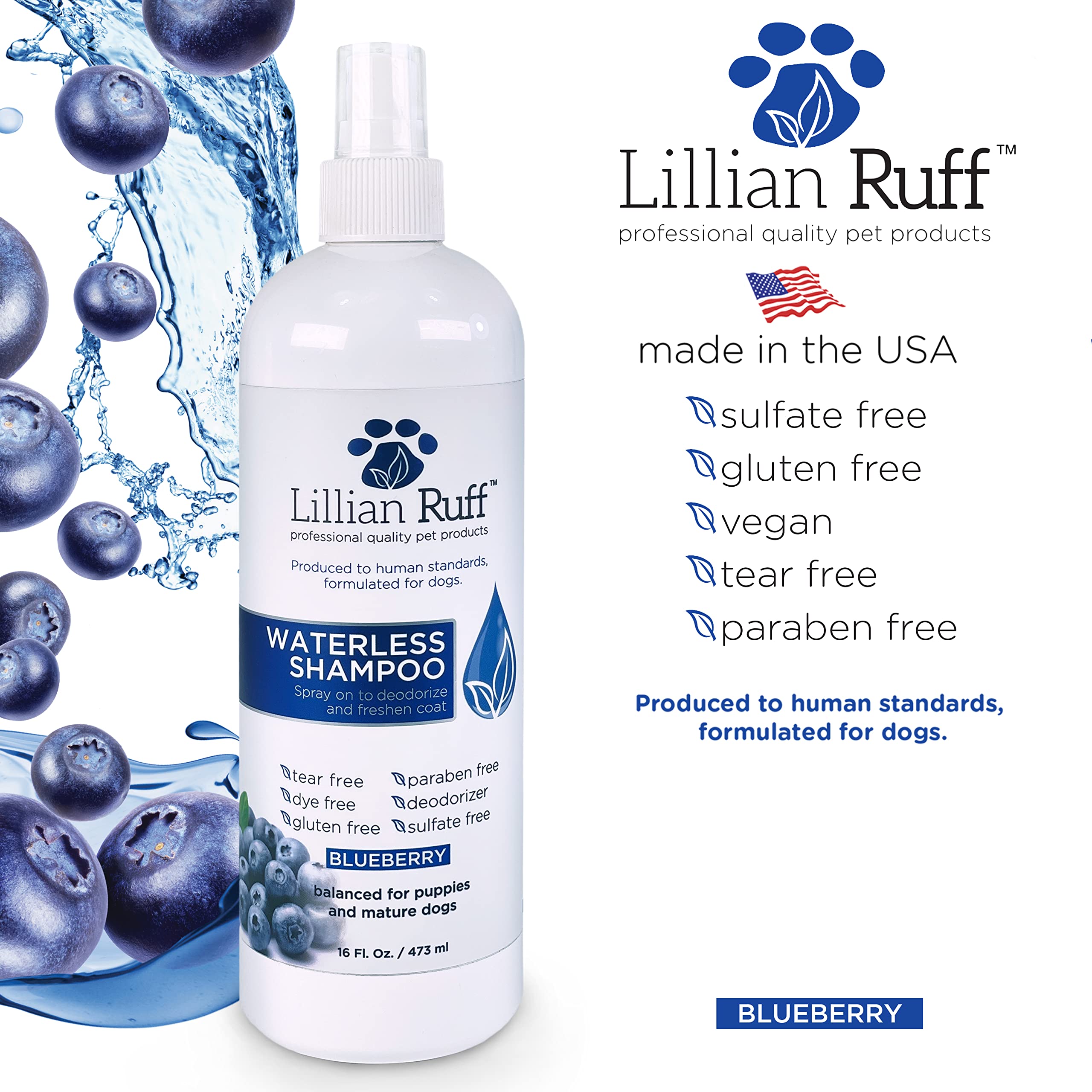Lillian Ruff Waterless No-Rinse Dog Dry Shampoo Spray With Hydrating Essential Oils - Ph-Balanced Dry Shampoo For Dogs - Clean, Condition, Detangle & Deodorize Dry, Sensitive Skin (Blueberry)