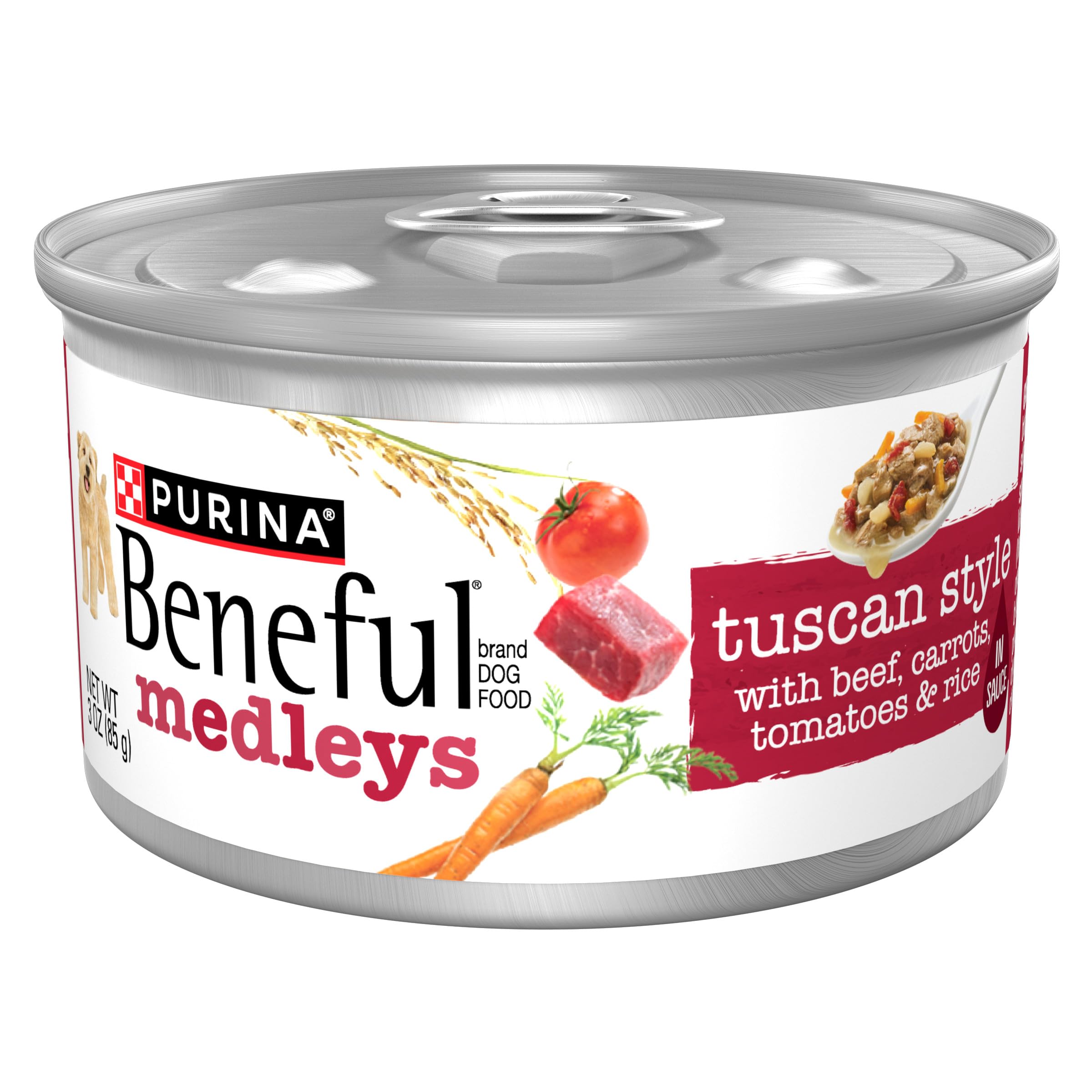 Beneful Purina Wet Dog Food Medleys Tuscan Style with Real Beef, Carrots, Tomatoes and Rice in Sauce - (Pack of 12) 3 oz. Cans
