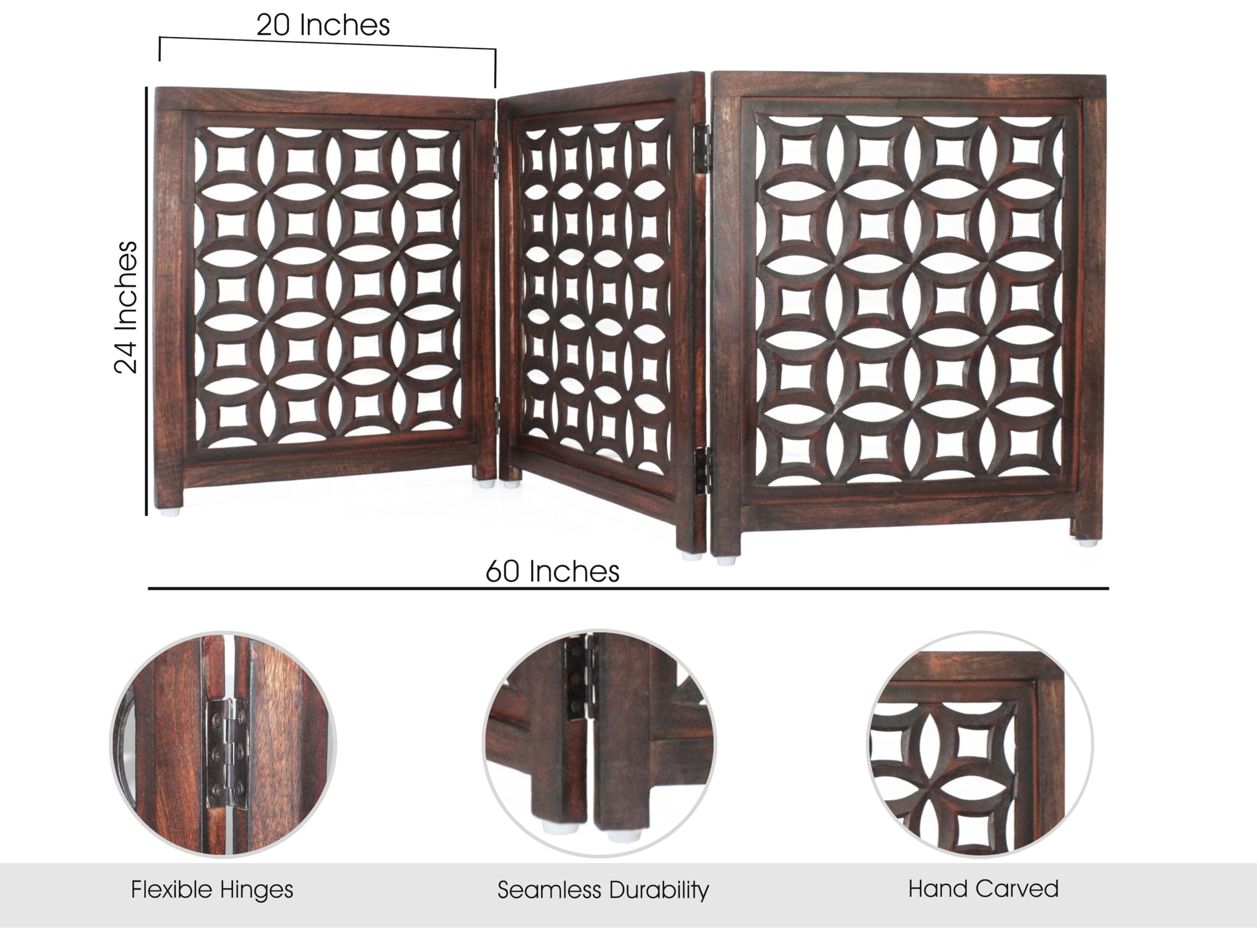 Wooden Foldable Pet Dog Safety Gate -3 Panels 20Wx24H- Hand Carved Solid Wood And MDF - Free Standing Portable Indoor Doorway Ha