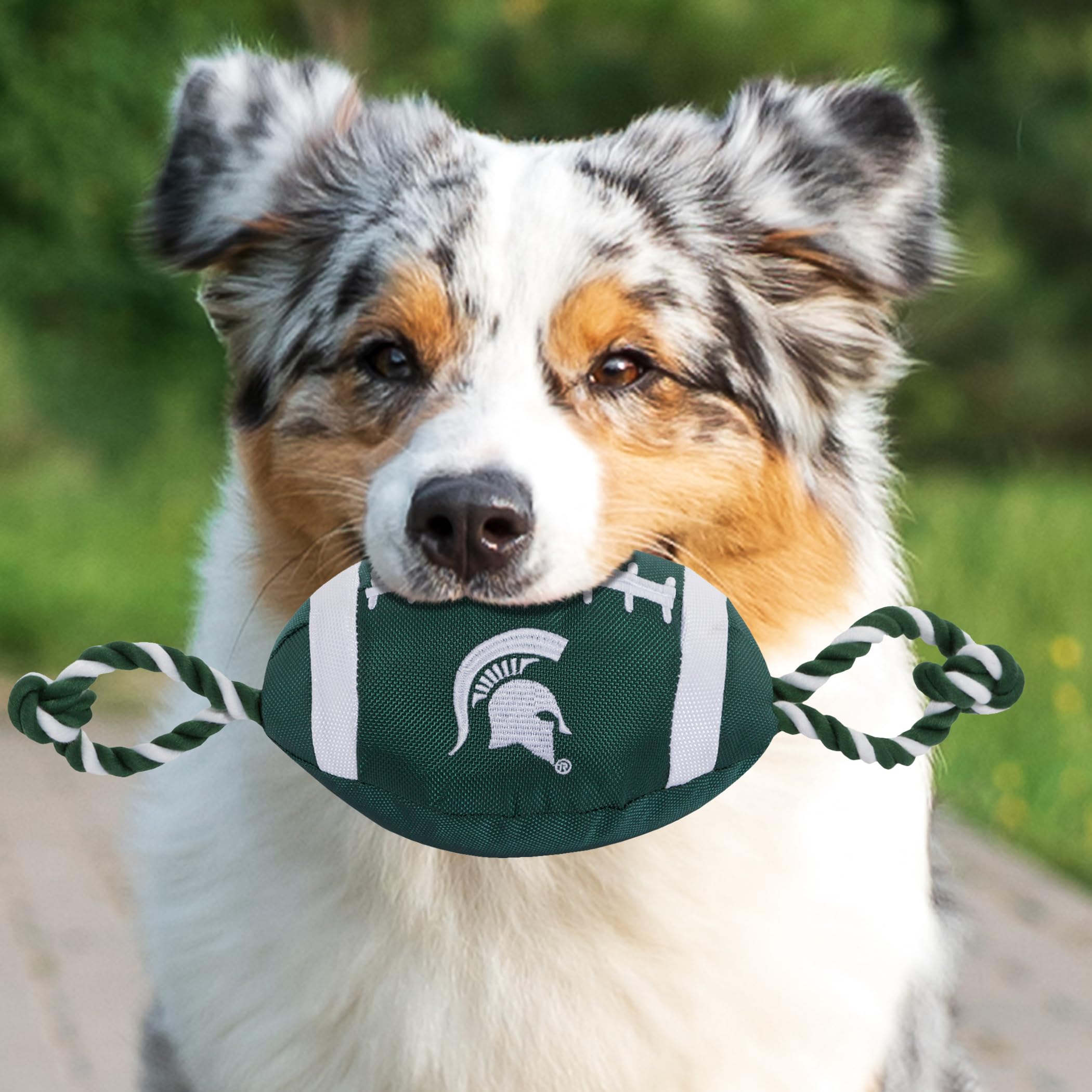 Pets First NCAA Michigan State Spartans Football Dog Toy, Tough Quality Nylon Materials, Strong Pull Ropes, Inner Squeaker, Coll