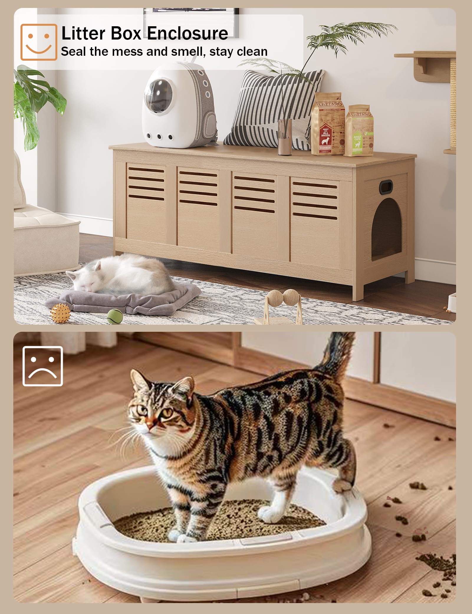 Dinzi Lvj Litter Box Enclosure Furniture For 2 Cats, Flip Top Opening Hidden Litter Box With Double Rooms, Dual Pet House With G