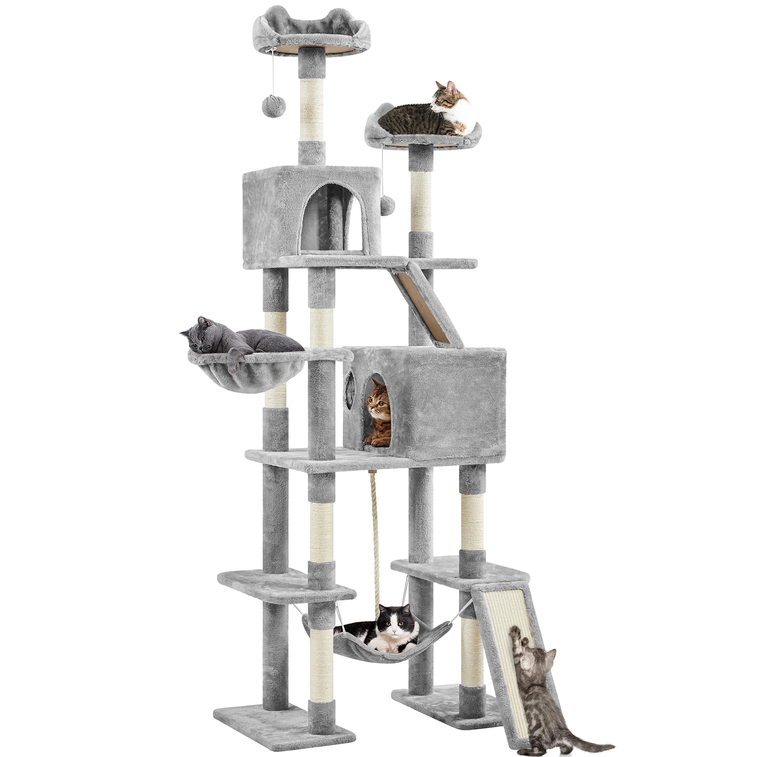 Yaheetech Cat Tree, 82.5In Large Tower W/Hammock, 2 Kitty-Ear Perches, 2 Cozy Condos, Scratching Posts, Basket, Furniture For La