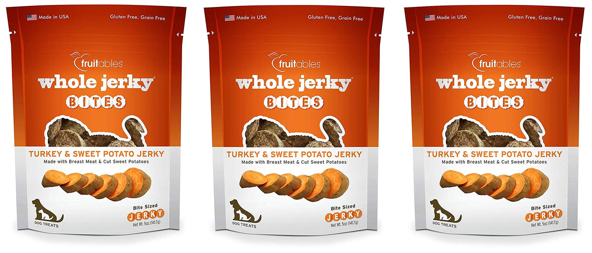 Fruitables 3 Pack Of Whole Jerky Bites, 5 Ounces Each, Turkey & Sweet Potato Jerky Dog Treats3