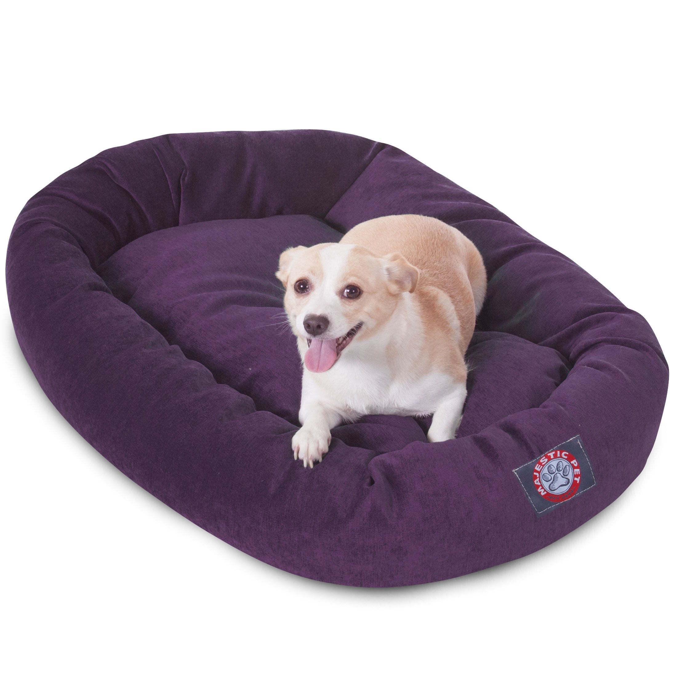 Majestic Pet 32 Inch Micro Velvet Calming Dog Bed Washable – Cozy Soft Round Dog Bed With Spine For Head Support - Fluffy Donut Dog Bed 32X23X7 (Inch) – Round Pet Bed Medium – Aubergine