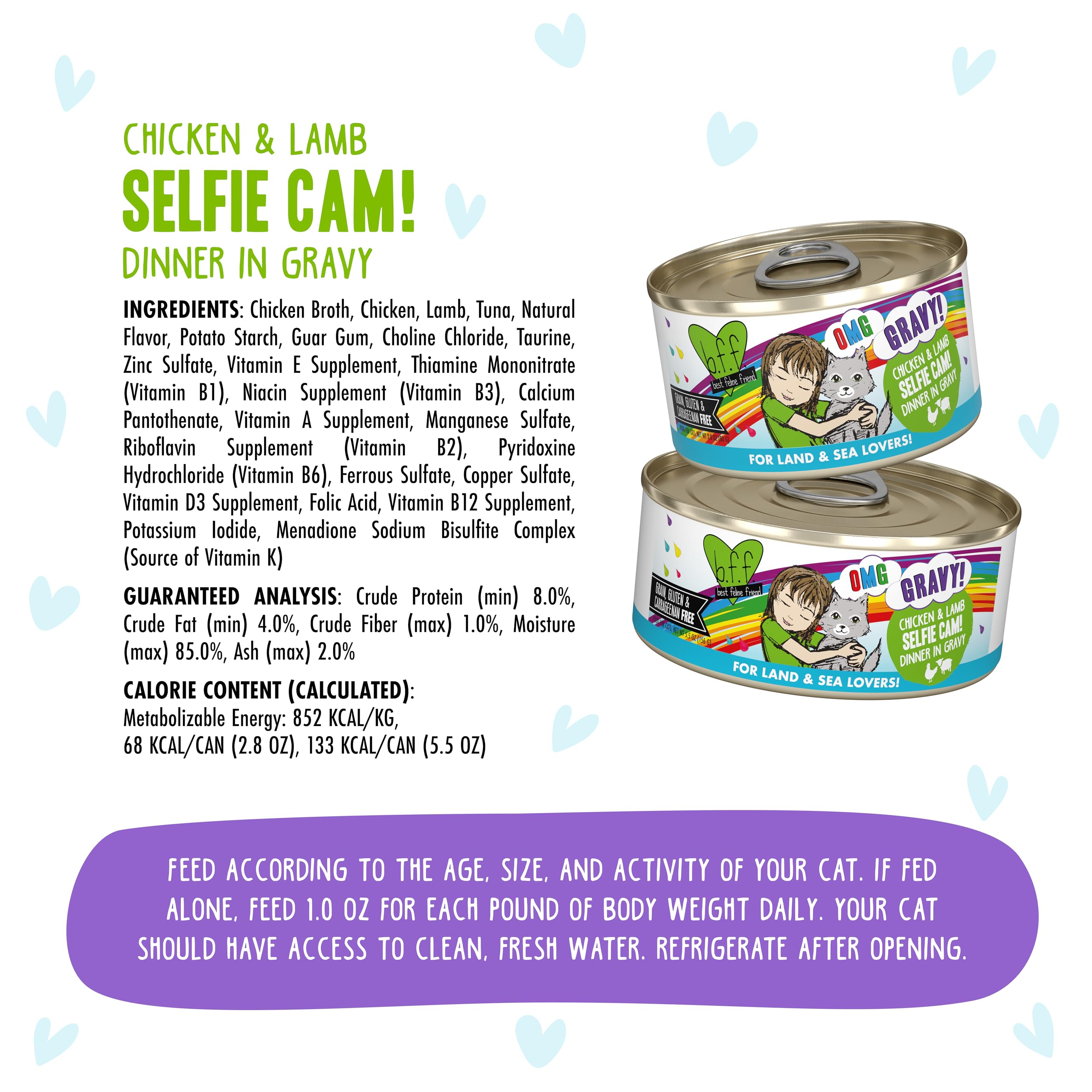 Weruva B.F.F. OMG - Best Feline Friend Oh My Gravy!, Selfie Cam! with Chicken & Lamb in Gravy Cat Food, 5.5oz Can (Pack of 8)