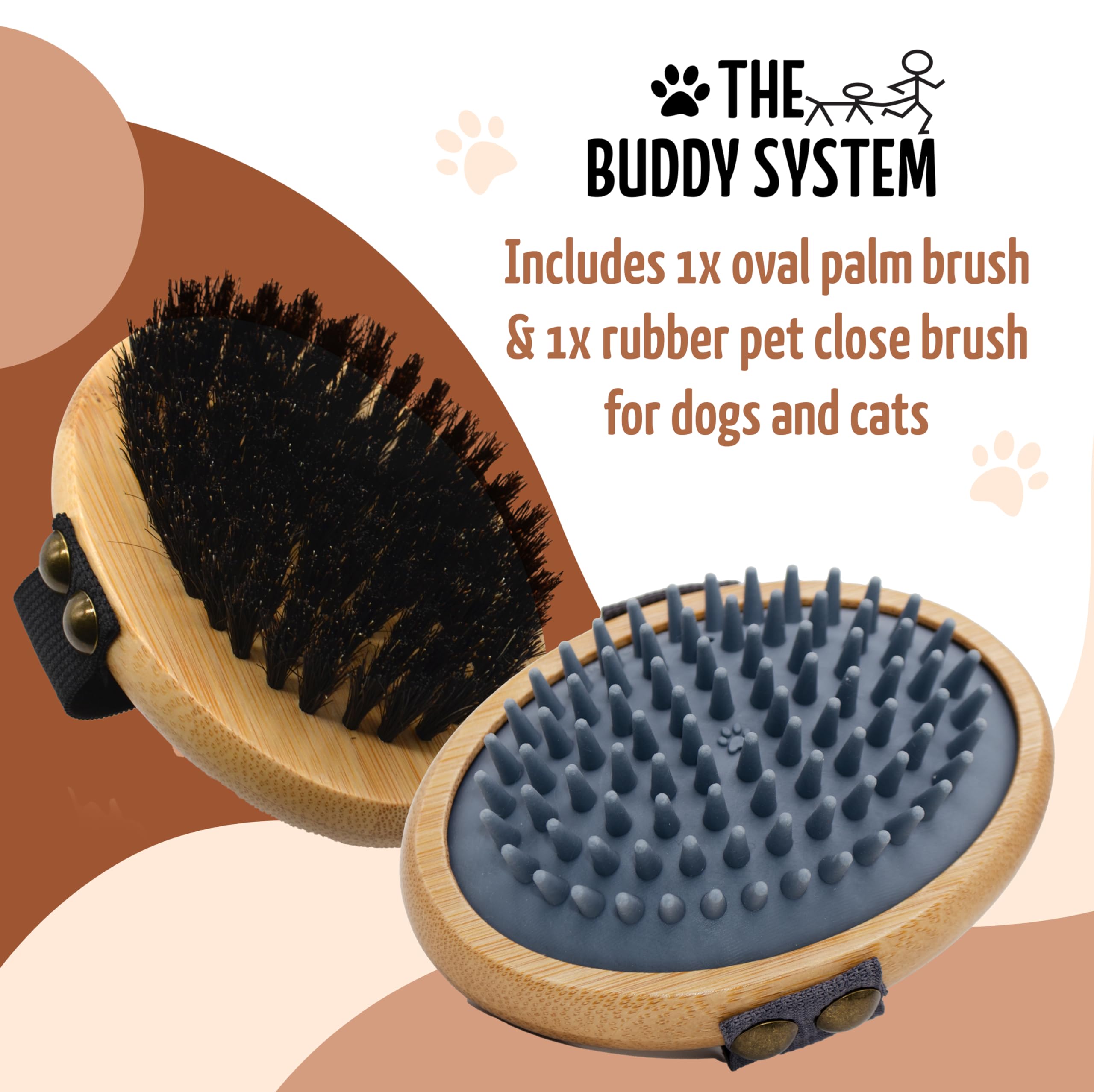 The Buddy System Pet Close Brush, Soft Touch Oval Palm Brush - Bamboo Massage Handheld With Soft Boar Bristles And Elastic Band
