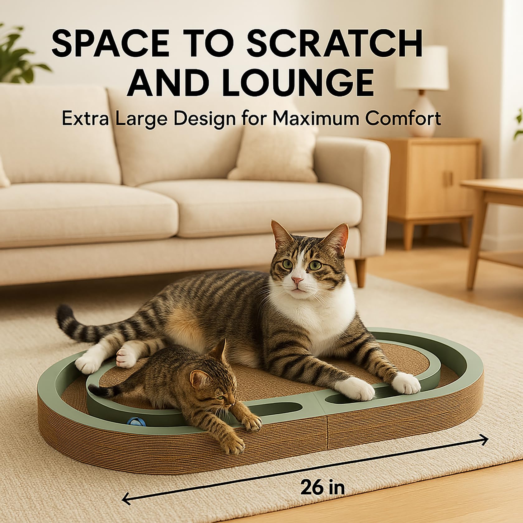 Leqos Extra Long 26'' Folding Cat Scratch Pad With Chasing Bells Double Sided Interactive Cardboard Cat Scratcher Cat Scratching