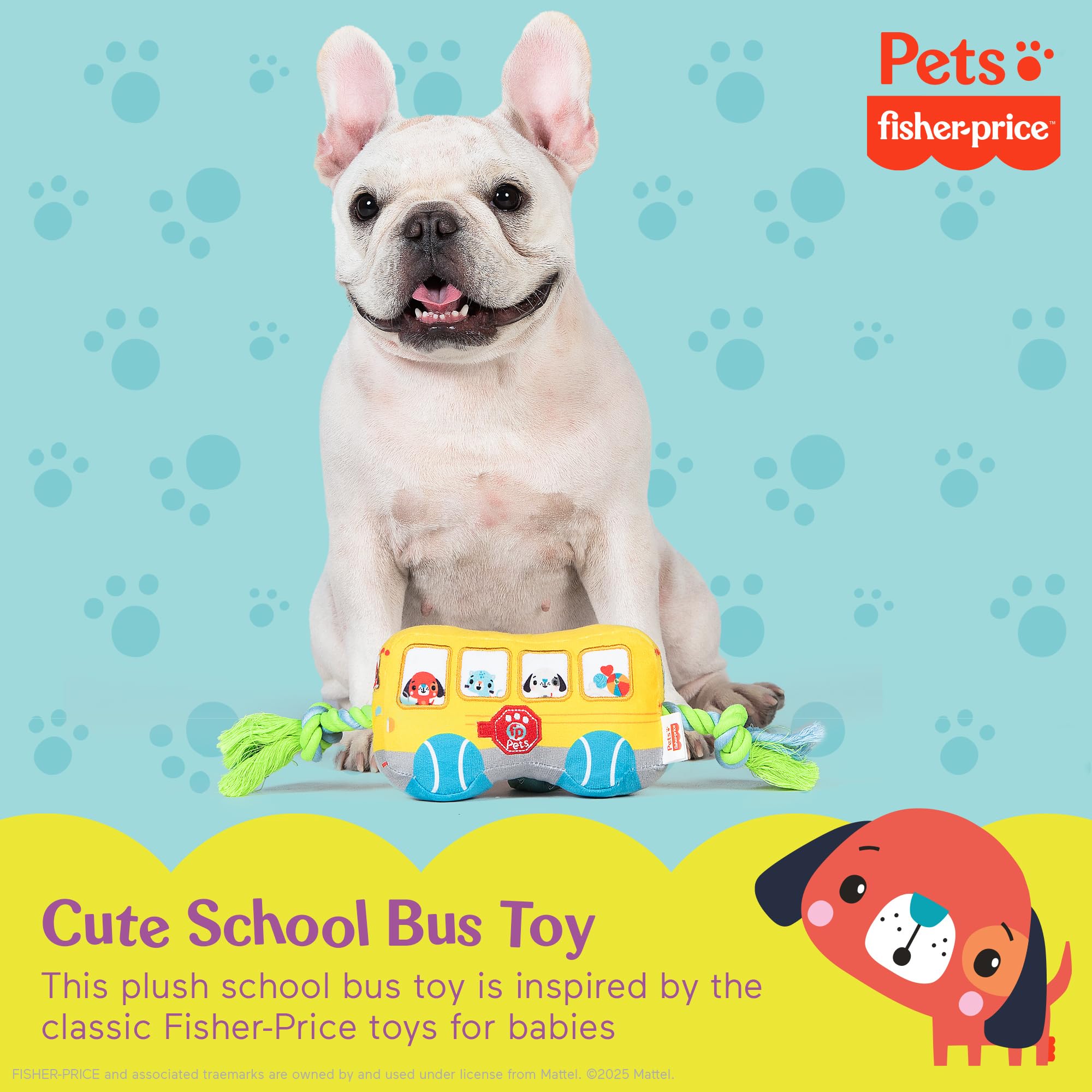 Fisher-Price for Pets School Bus Rope Toy for Dogs, Dog Tug Toy with Rope, Plush Dog Toy with Squeaker Inside, Developmental Dog