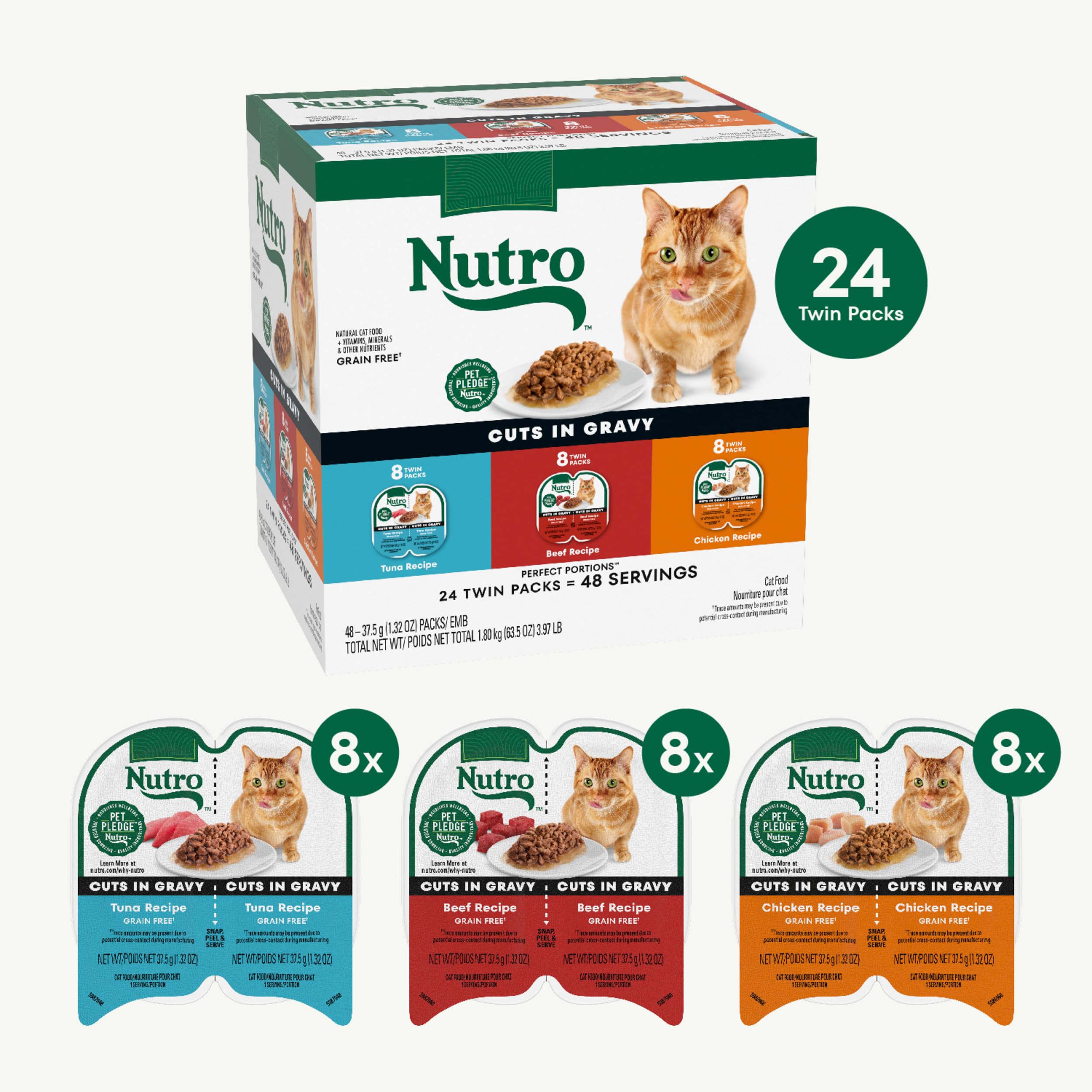 NUTRO Grain Free Natural Wet Cat Food Cuts in Gravy Beef Recipe, Tuna Recipe, and Chicken Recipe Variety Pack, 2.64 oz. PERFECT