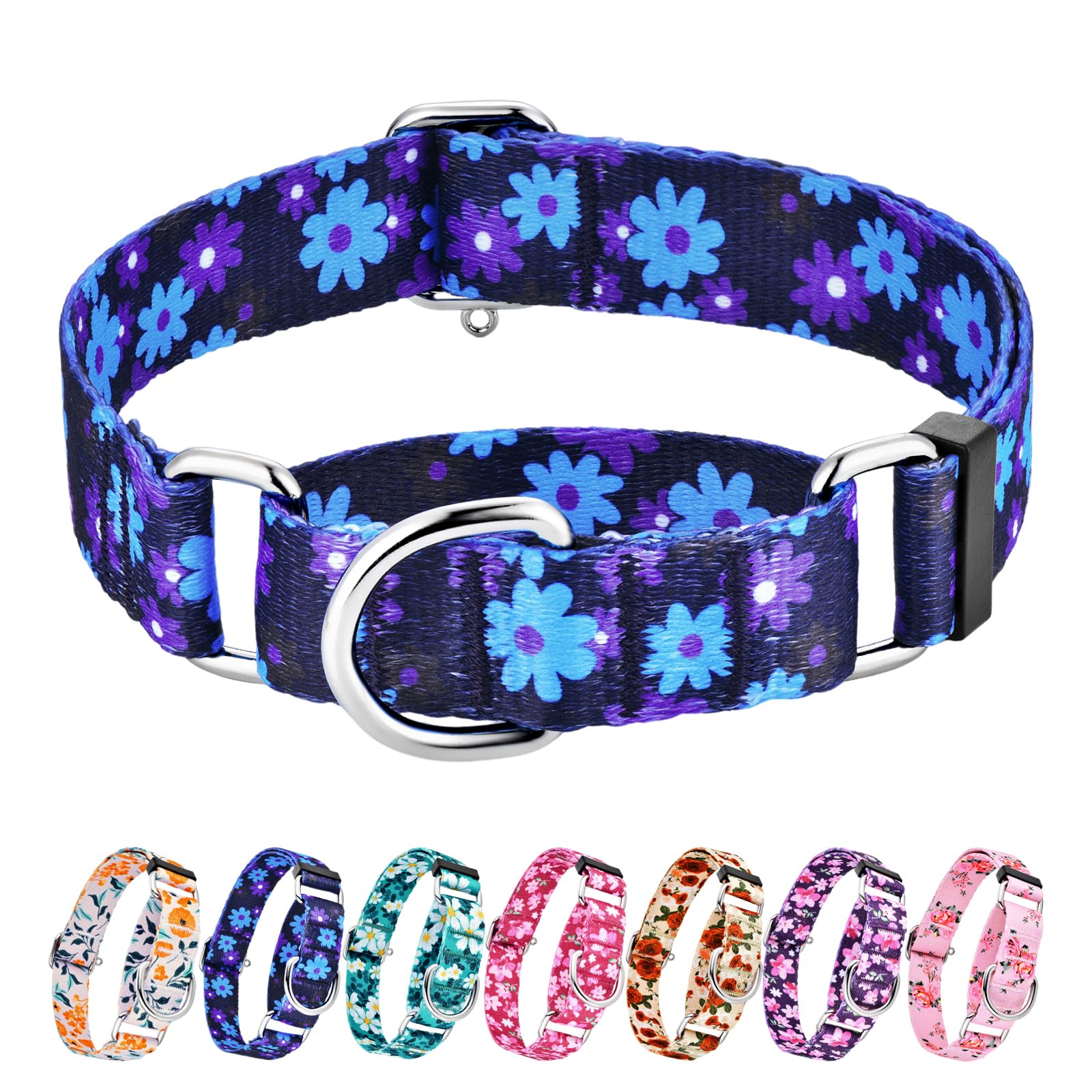Hikiko Martingale Collar For Dogs With No Buckle Floral Dog Collars Soft Nylon No Slip Dog Collar For Extra Small Dogs,Navy Blue