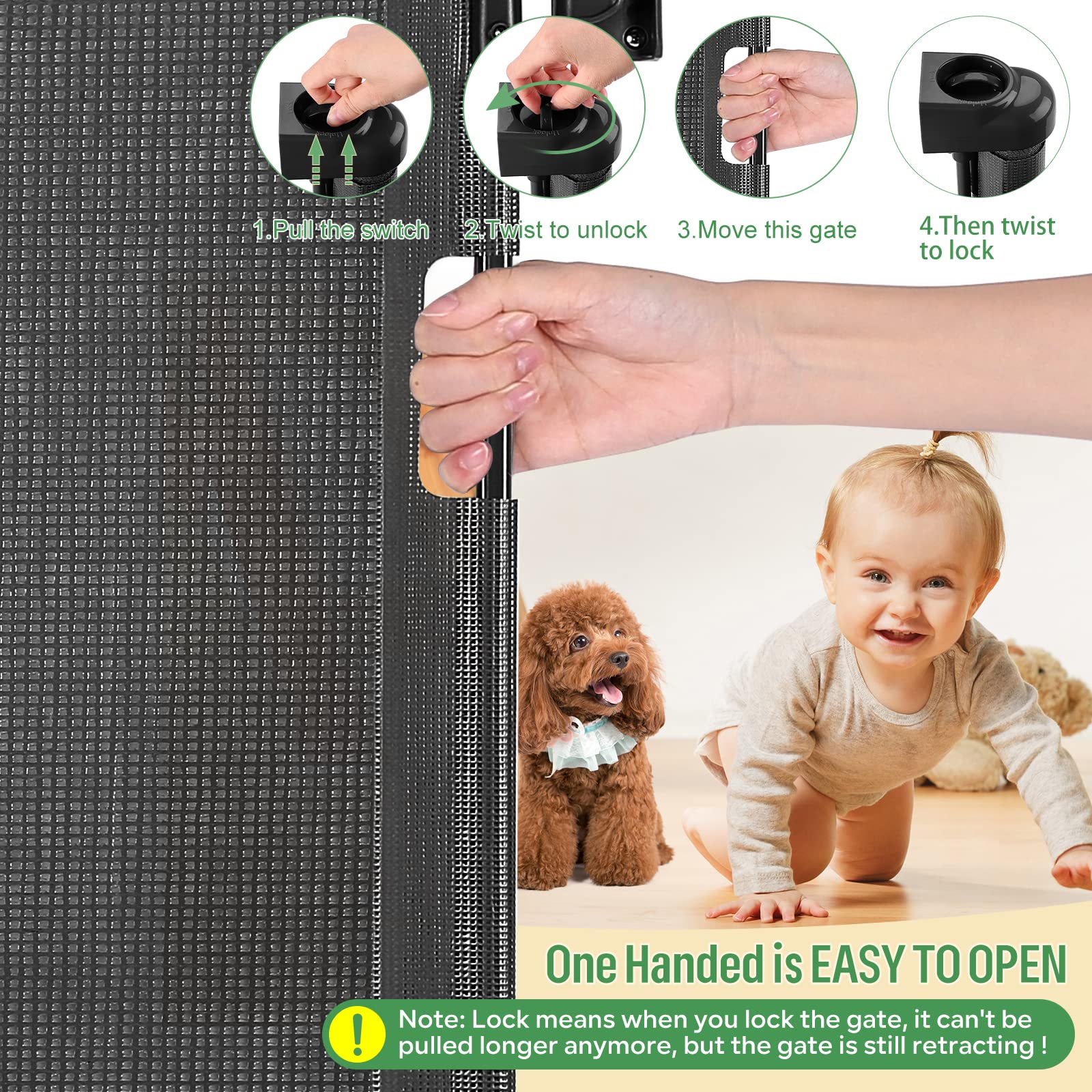 Retractable Baby Gate, Extra Wide Safety Kids Or Pets Gate, 33?Tall, Extends To 55?Wide, Mesh Safety Dog Gate For Stairs, Indoor, Outdoor, Doorways, Hallways(33?55? Black)