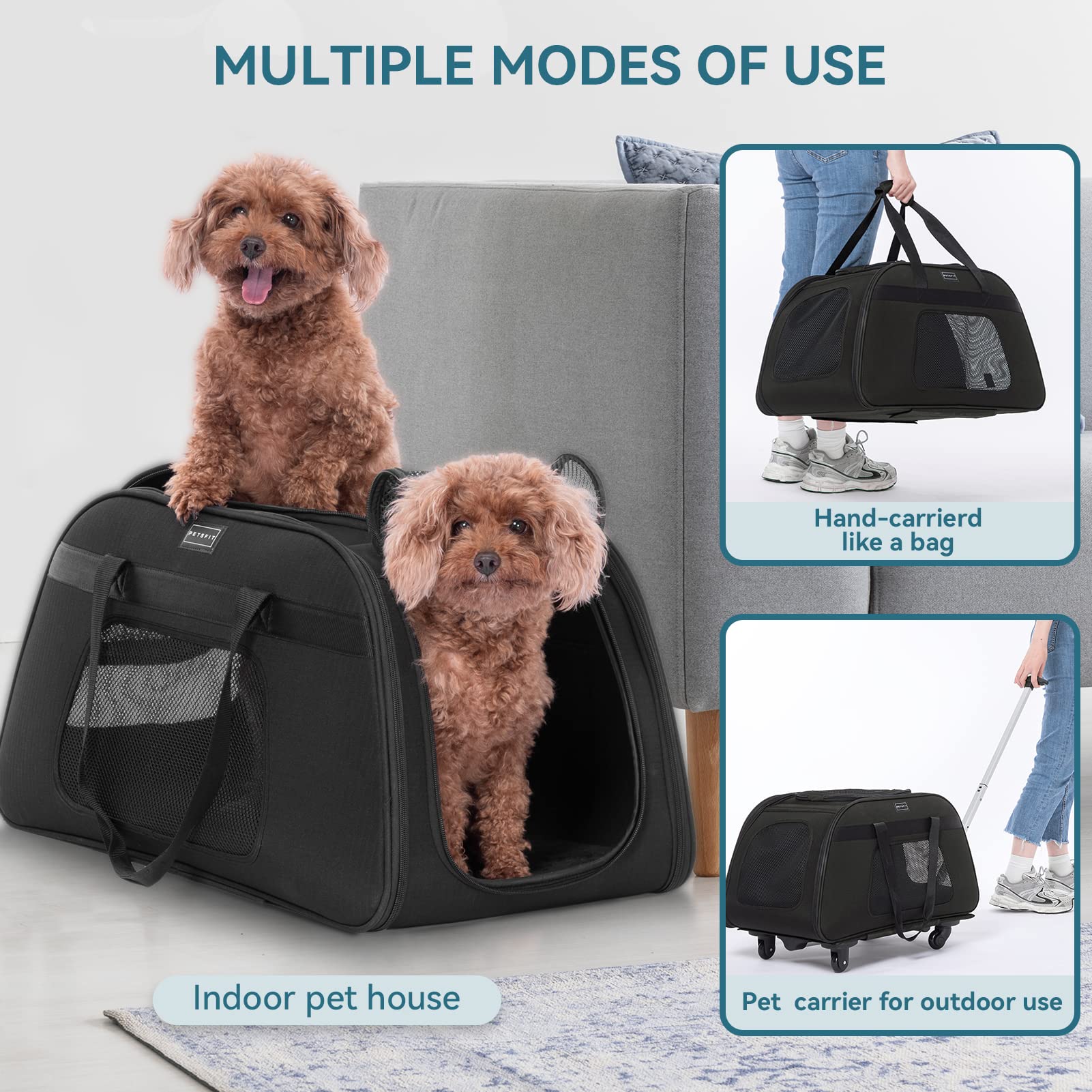 Petsfit Extra Large Pet Carrier With Wheels- Rolling Dog Carrier For 2 Small Dogs, Large Cat Carrier On Wheels With Adjustable S