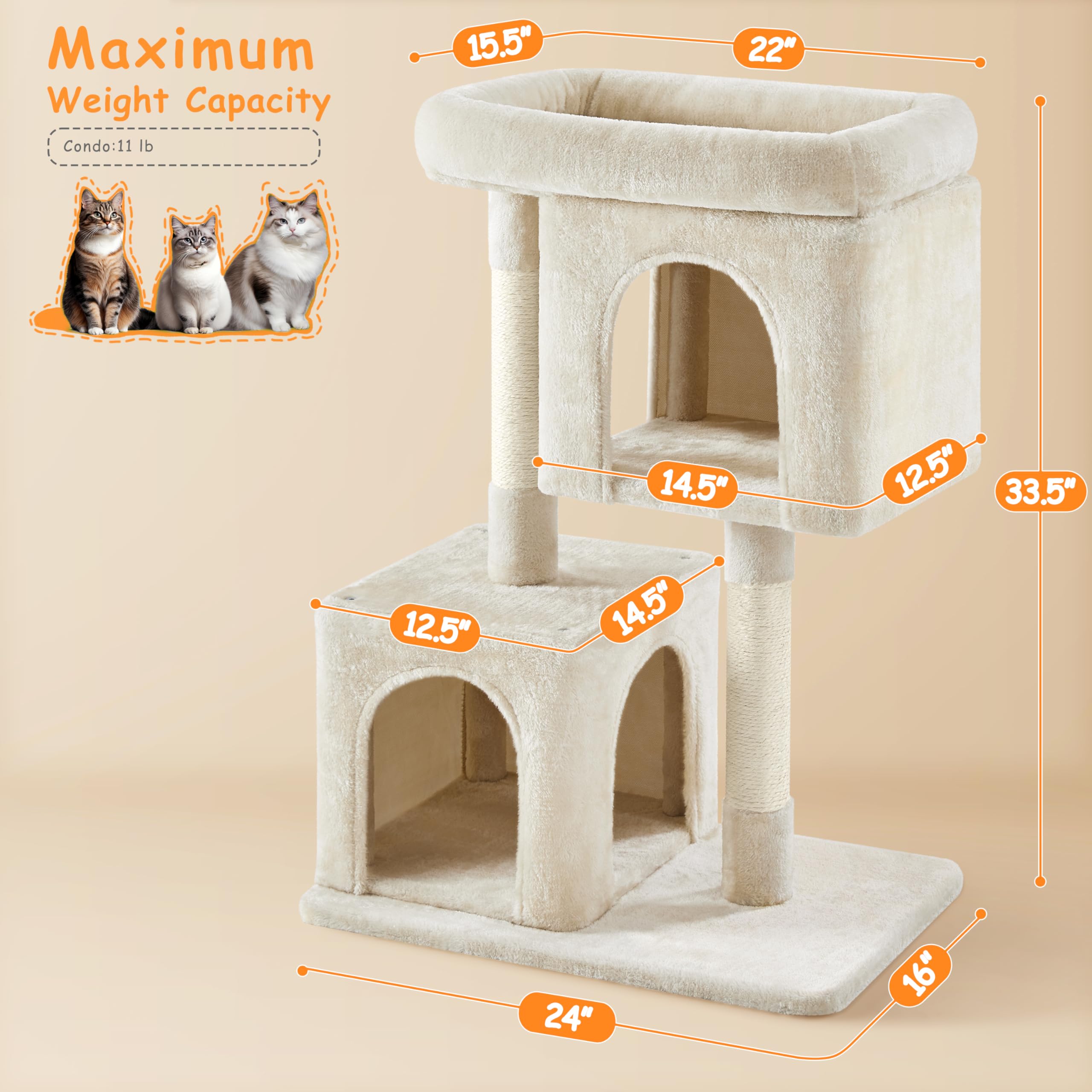 Yaheetech Cat Tree, 33.5In Cat Tower With 2 Cozy Condos, Soft Perch & Sisal Scratching Posts, Cat House Activity Center Furnitur