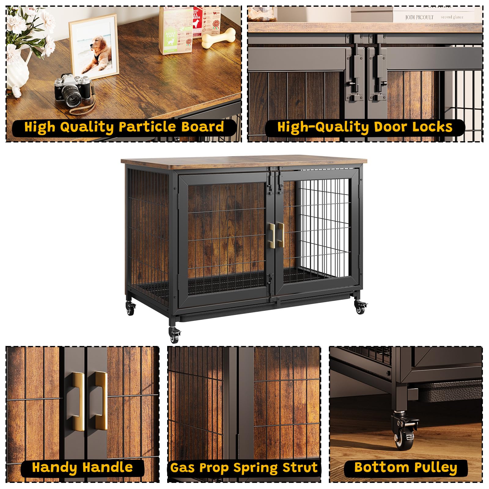 37.4 Inch Large Dog Crate Furniture, Heavy Duty Dog Kennel Furniture with Wheels, Grid Base, Removable Base, Decorative Dog Cage