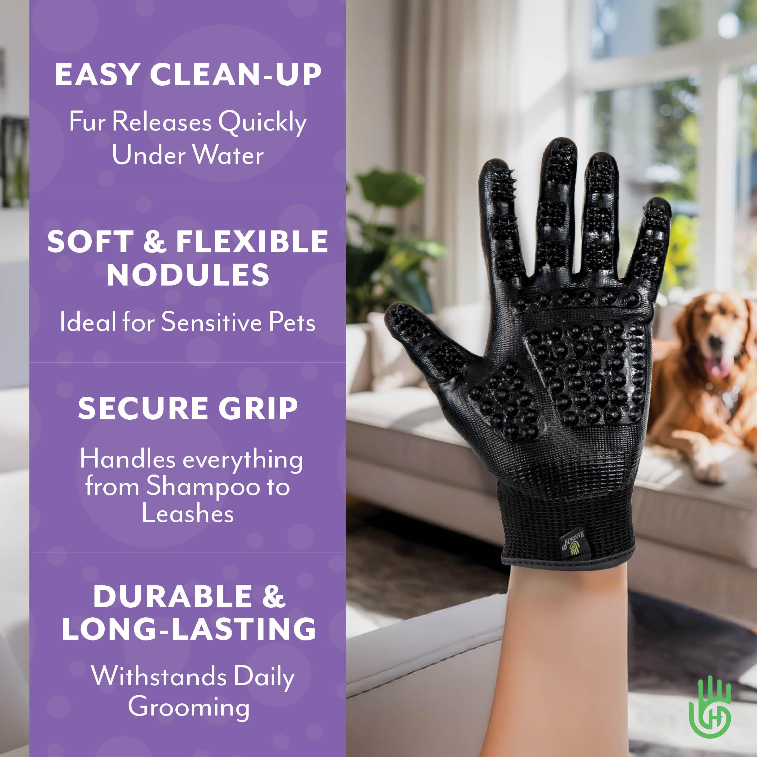 H Handson Pet Grooming Gloves - Patented #1 Ranked, Award Winning Shedding, Bathing, & Hair Remover Gloves - Gentle Brush For Cats, Dogs, And Horses (Mono Purple, Medium)