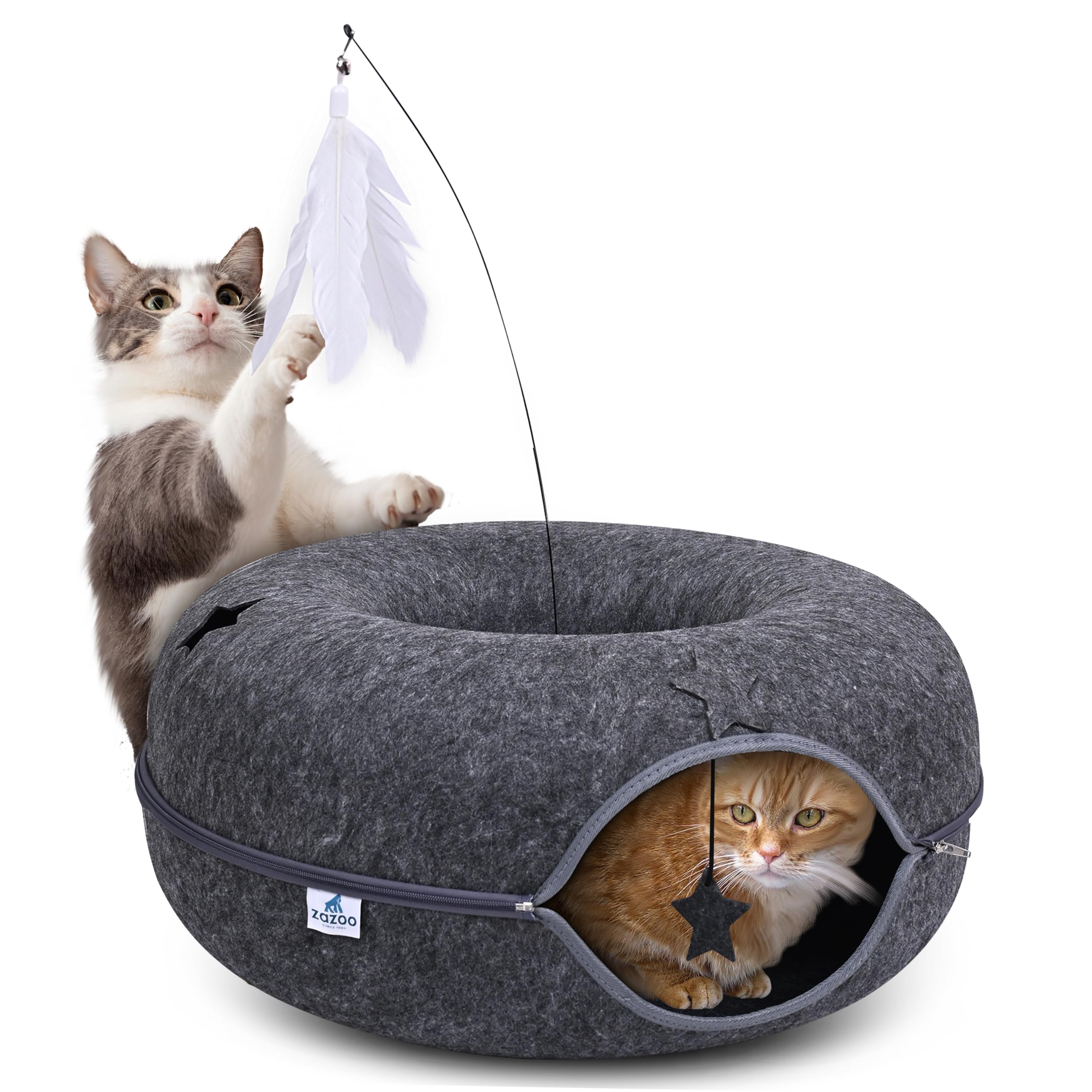 Zazoo Large Cat Tunnel For Indoor Cats - 2-In-1 Donut Cat Cave With Feather Toy & Peek Holes | Scratch-Resistant, Washable, Cozy