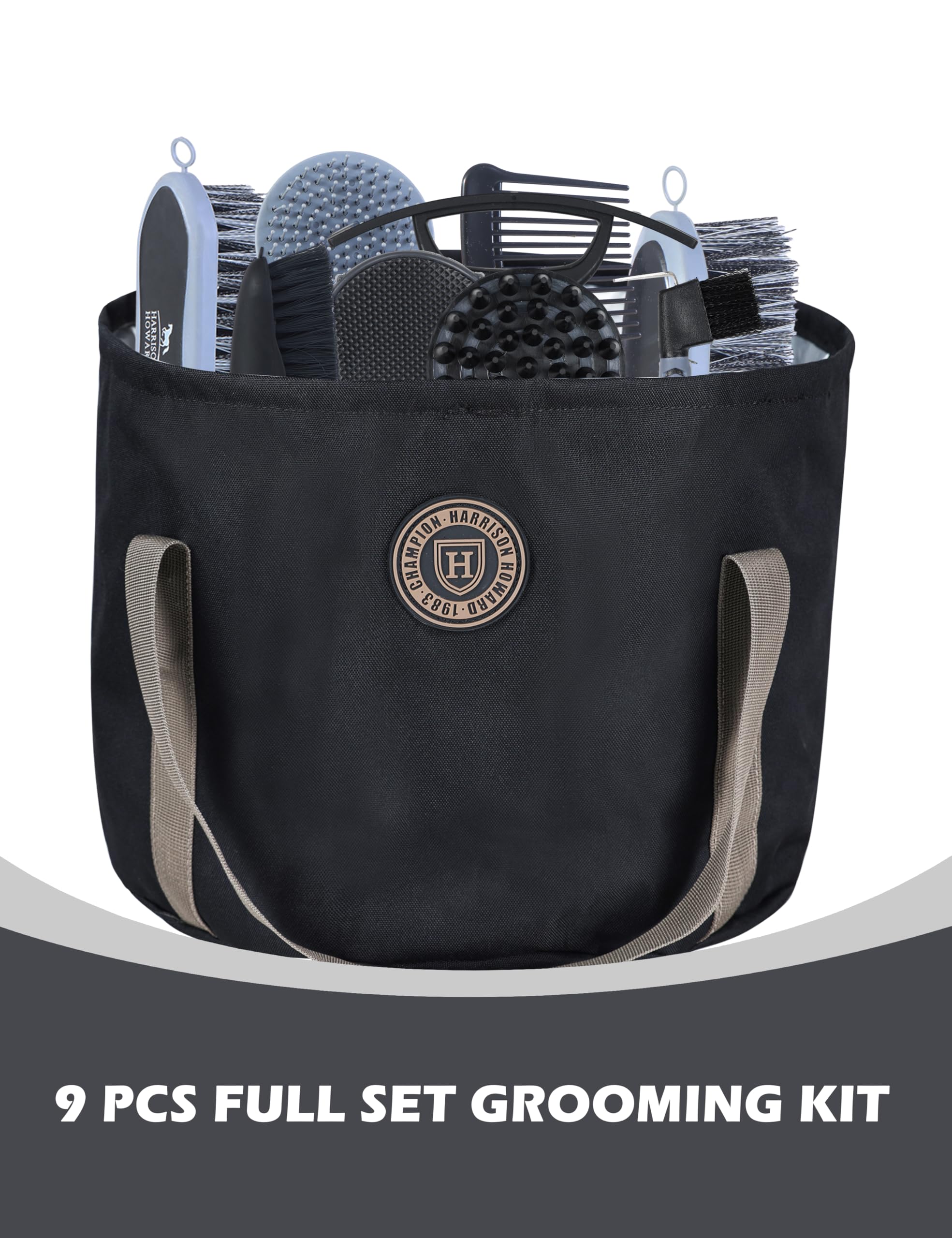 Harrison Howard Horse Grooming Kit 9-Piece Equine Care Series Horse Brush Sets With Organizer Tote Bag Black