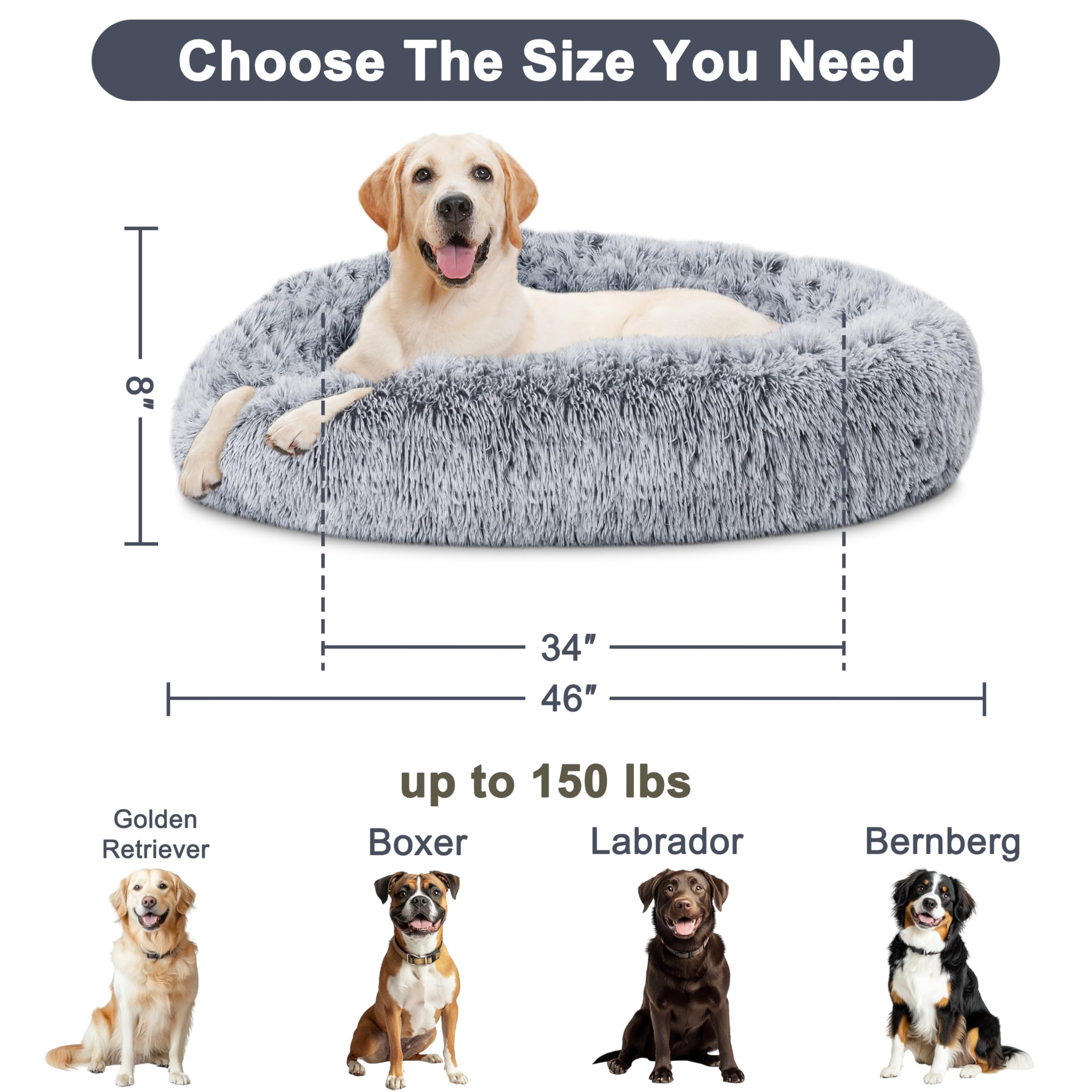 ELSKER&HOME Calming Donut Dog Bed, Washable Warming Soft Round 46 Inches for Large Dogs, Anti-Anxiety Fluffy Plush Cushion Fits