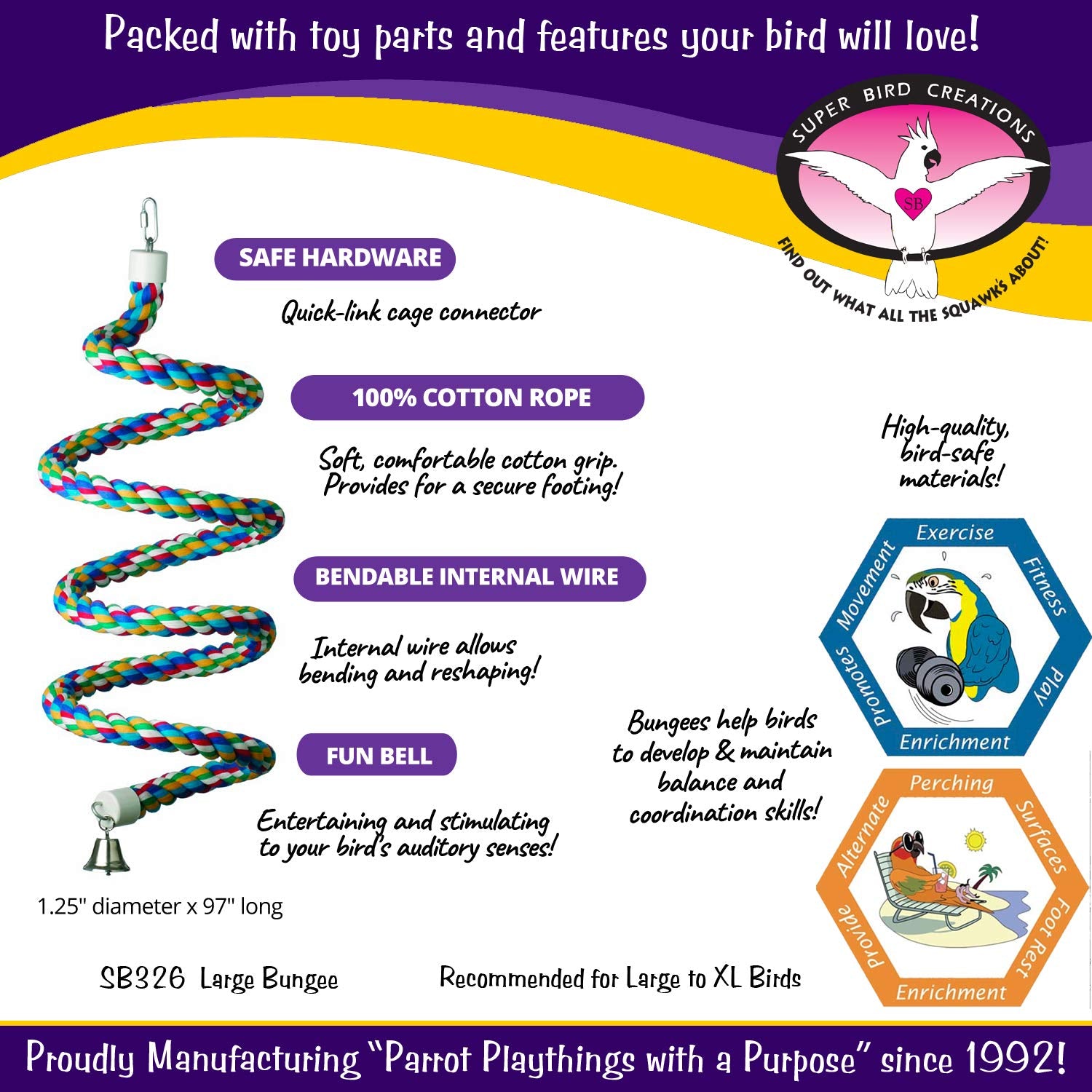 Super Bird Creations - Sb325 Large To Xl Bungee Bird Toy - Rope Perch For Amazons, African Greys, Cockatoos, Parrots - Colorful Hanging Perch - Enriching Bungee Toy For Large/Xl Birds & In Bird Cages