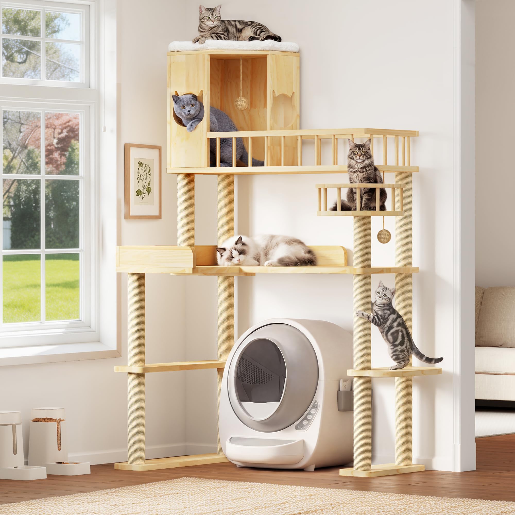 Homiflex Corner Cat Tree for Automatic Litter Box, 61 Tall Wood Cat Tower for Self Cleaning Litter Box, Cats Tree for Indoor C