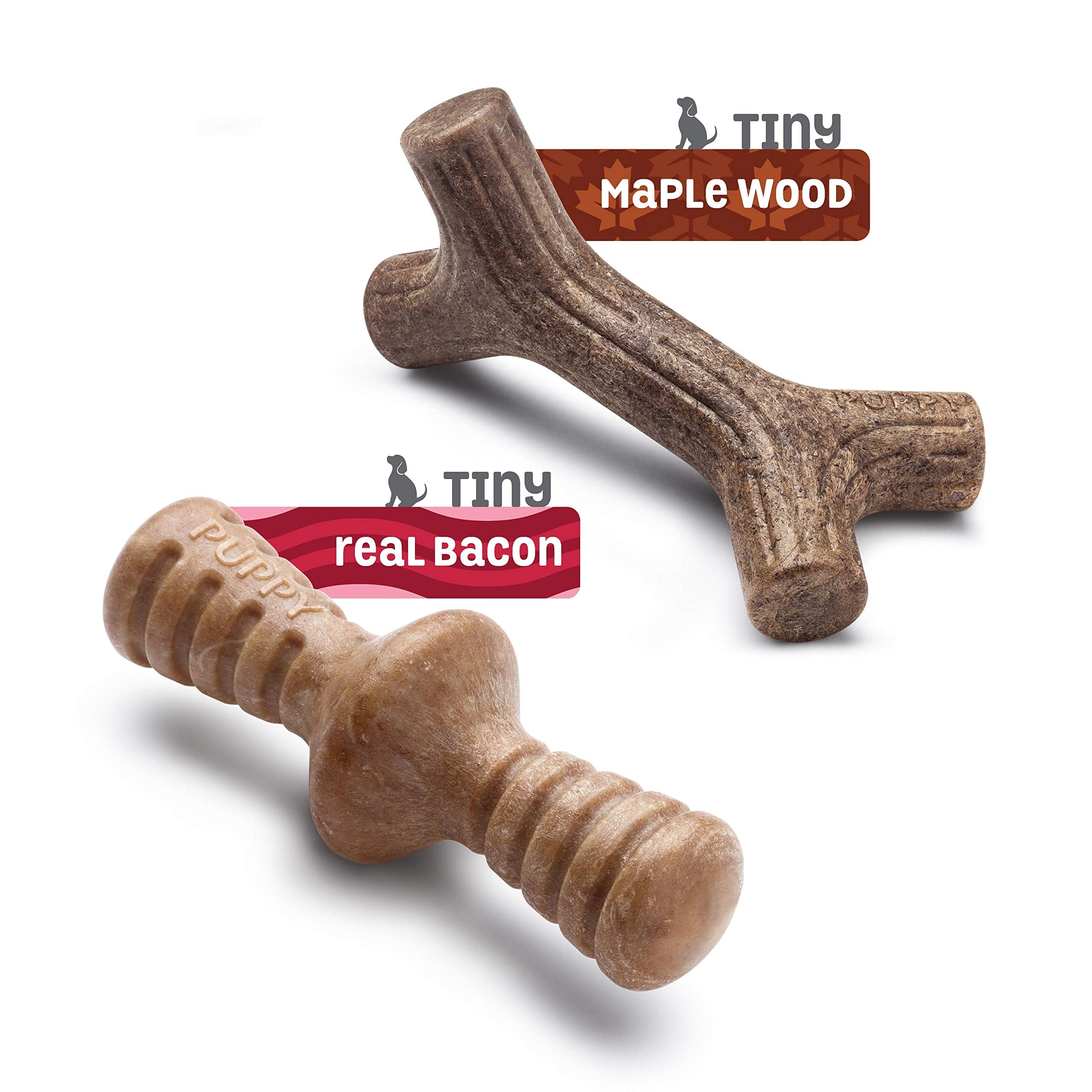 Benebone Puppy 2-Pack Maplestick/Zaggler Durable Dog Chew Toys For Gentle Chewers, Real Bacon, Real Maplewood, Made In Usa, Tiny
