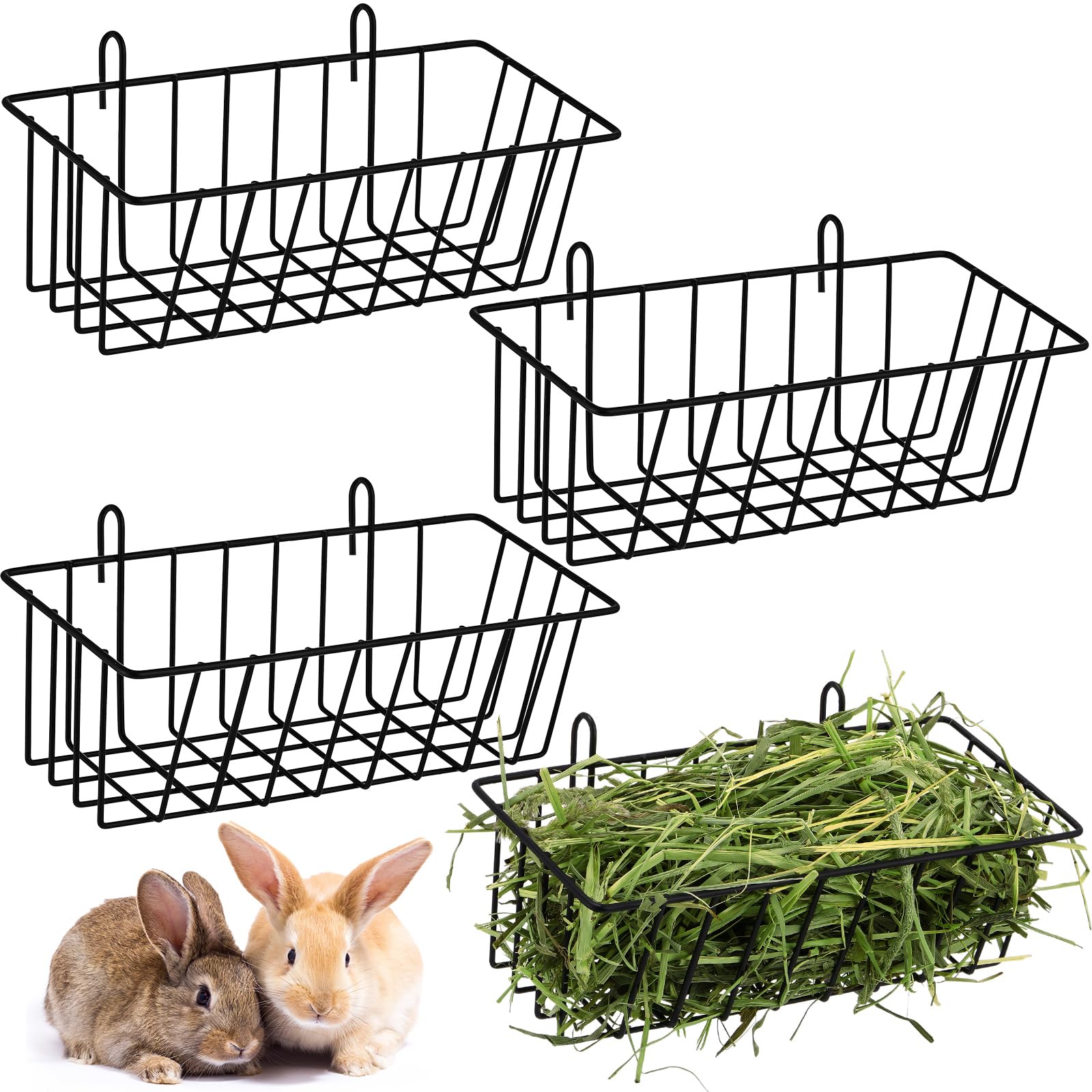 Therwen 4 Pcs Rabbit Hay Feeder Heavy Duty Metal Rabbit Hay Rack with Hooks Cage Hanging Hay Holder for Chinchilla Bunny Guinea 
