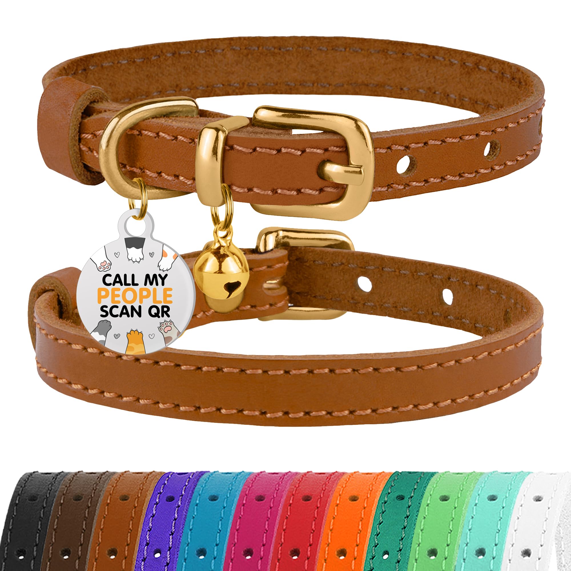Bronzedog Leather Cat Collar With Bell Non Breakaway Kitten Qr Tag For Girl Boy (7' - 9' For Cats, Light Brown & Gold)